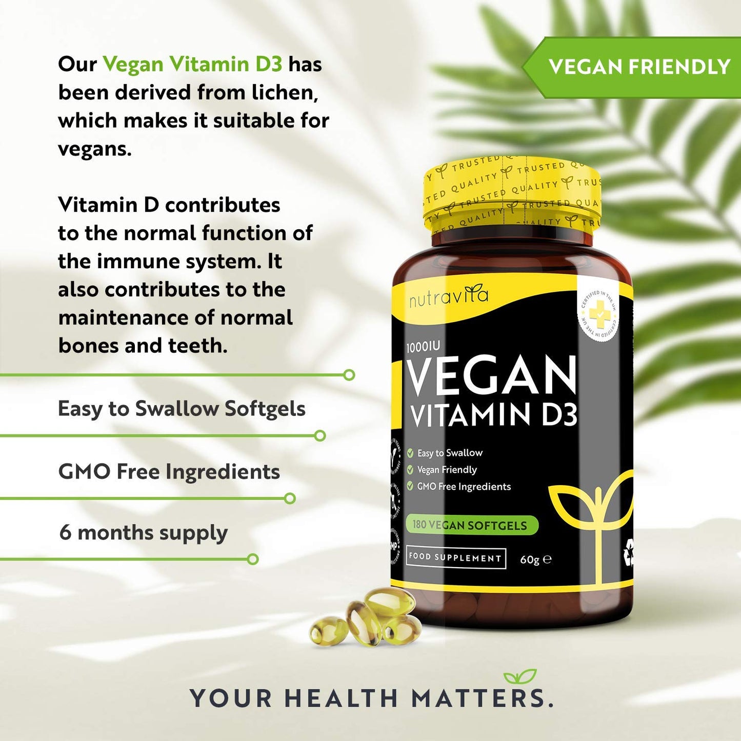 Vegan Vitamin D 1000iu (25ug) - Plant-Based Vitamin D3 Softgel Capsules Derived from Lichen - Maintenance of Healthy Immune System, Muscles, Bones & Teeth - 180 Softgels - Made in The UK by Nutravita