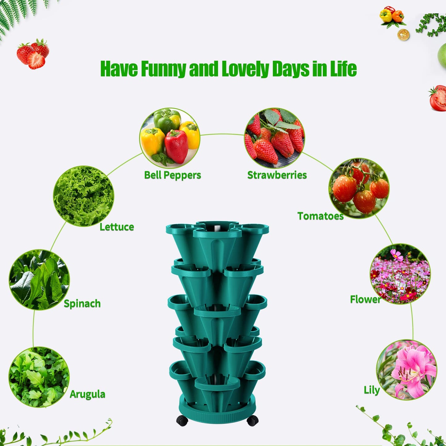 Tectsia Strawberry Vertical Planters Tower Garden, 5 Tiered Stacking Planter with Support Pole, Stackable Herb Vegetable Planters Indoor and Outdoor - Hunter Green