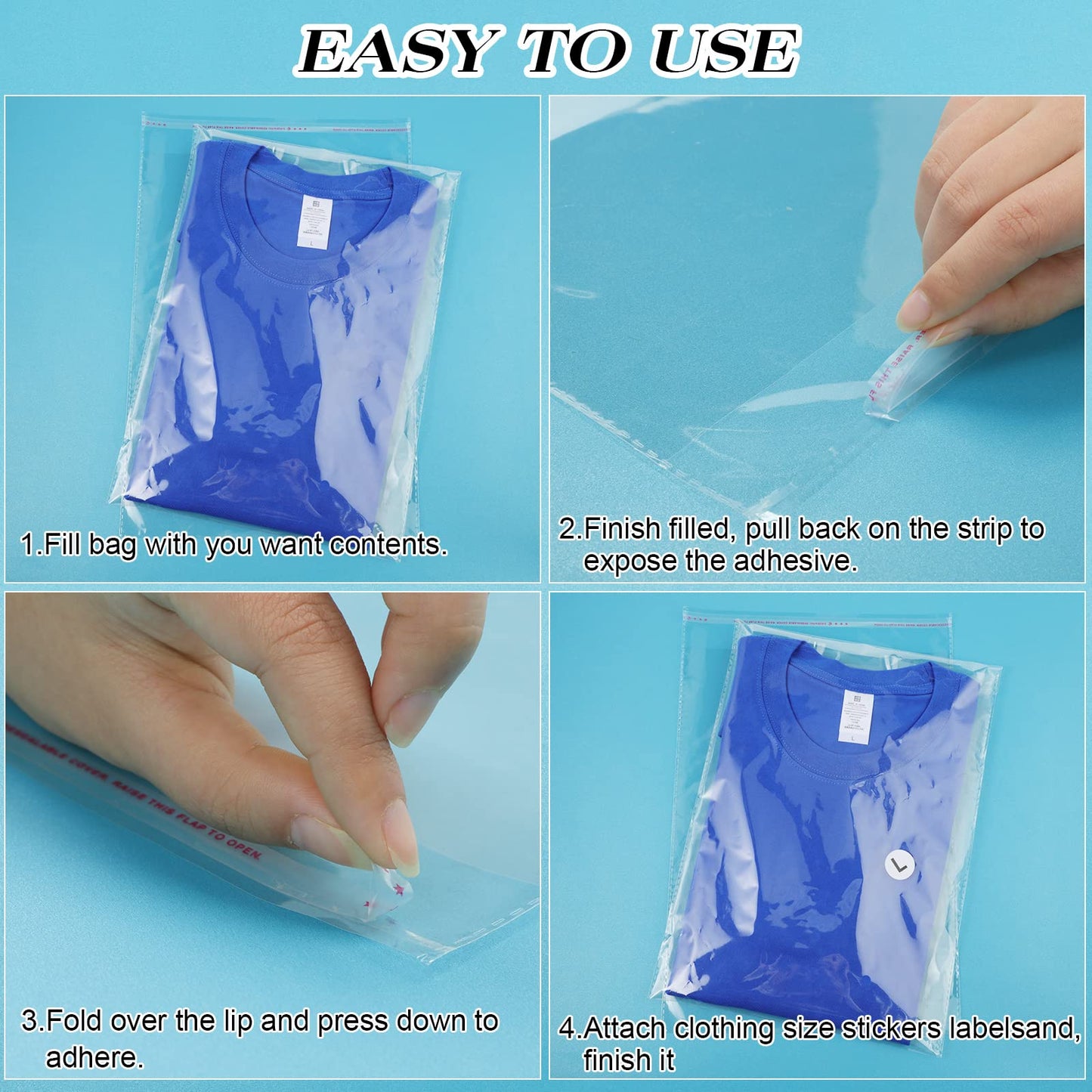 200 Pcs Resealable Poly Clear Shirt Bags with 7 Sizes 3500 Pcs Clothing Size Stickers Labels Self Sealing Plastic Bag for Small Businesses Packaging T Shirts Retail Storage(10 x 13 Inch)