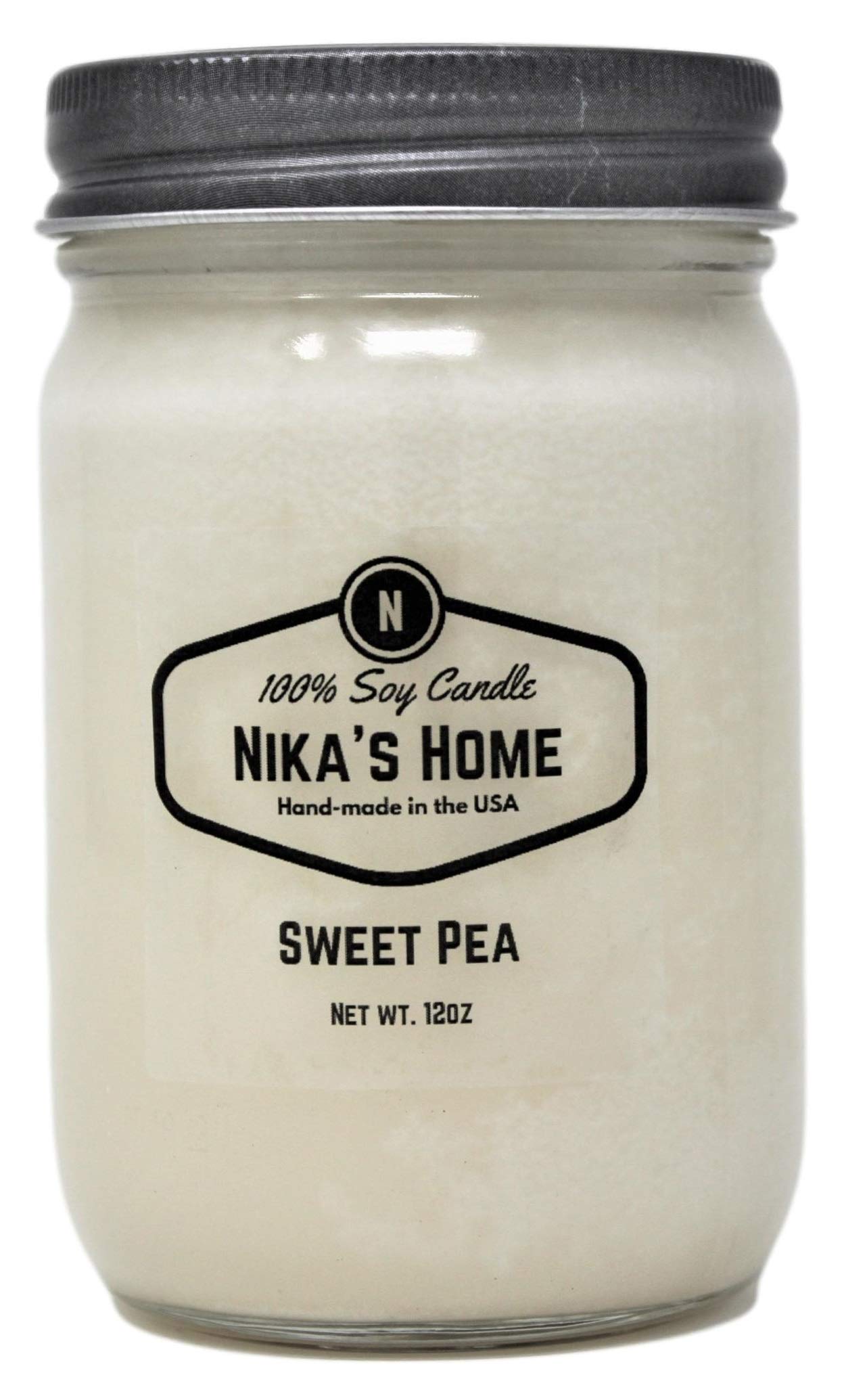Nika's Home Sweet Pea Soy Candle - 12oz Mason Jar - Non-Toxic, Long Burning, Highly Scented, All Natural, Clean Burning Candle