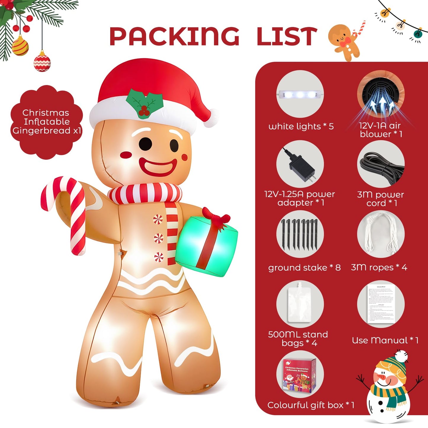 Partyotu Christmas Inflatable Gingerbread Man, Blow Up Holiday Party Decor with Build-in LED Lights, Waterproof Inflatable Christmas Decorations for Outdoor Roof Yard Lawn Garden Indoor (Brown, 8FT)