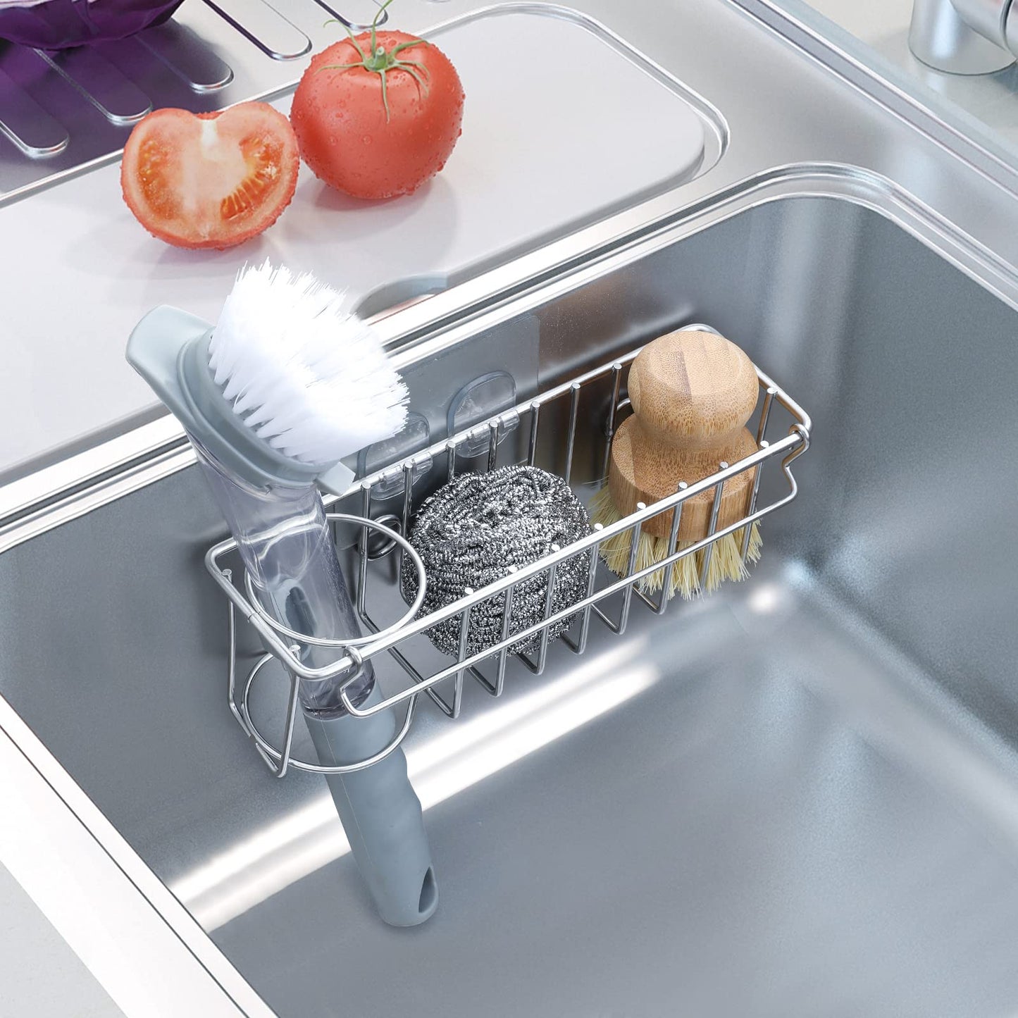 3-In-1 Sponge Holder for Kitchen Sink with Suction Cups & Adhesive Hook, In-sink Sponge Holder, Wall Hanging Sink Caddy Organizer Rack - Sponge, Dish Cloth, Brush, Scrubber - 304 Stainless Steel