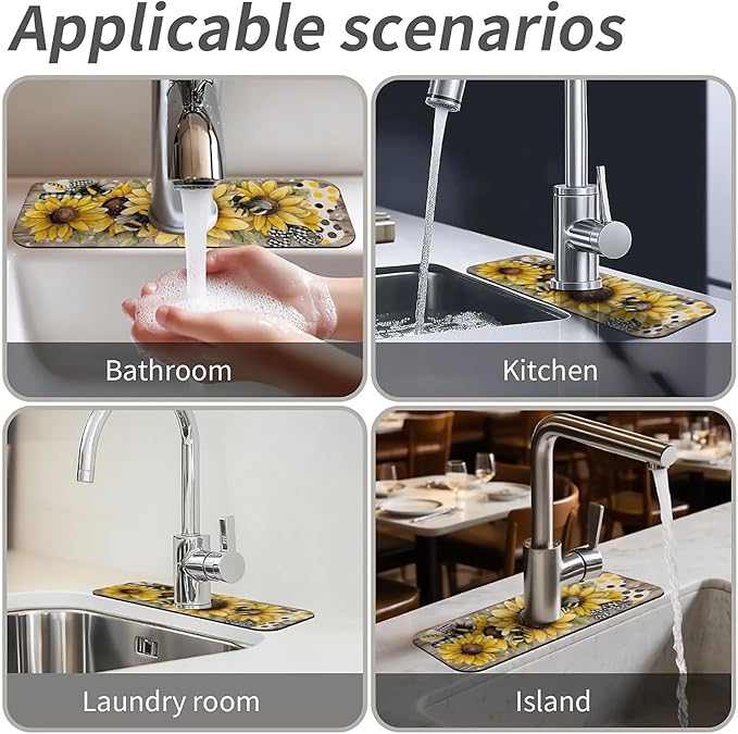 Kitchen Sink Splash Guard,Sunflower-with bumblebees Faucet Mat Sink