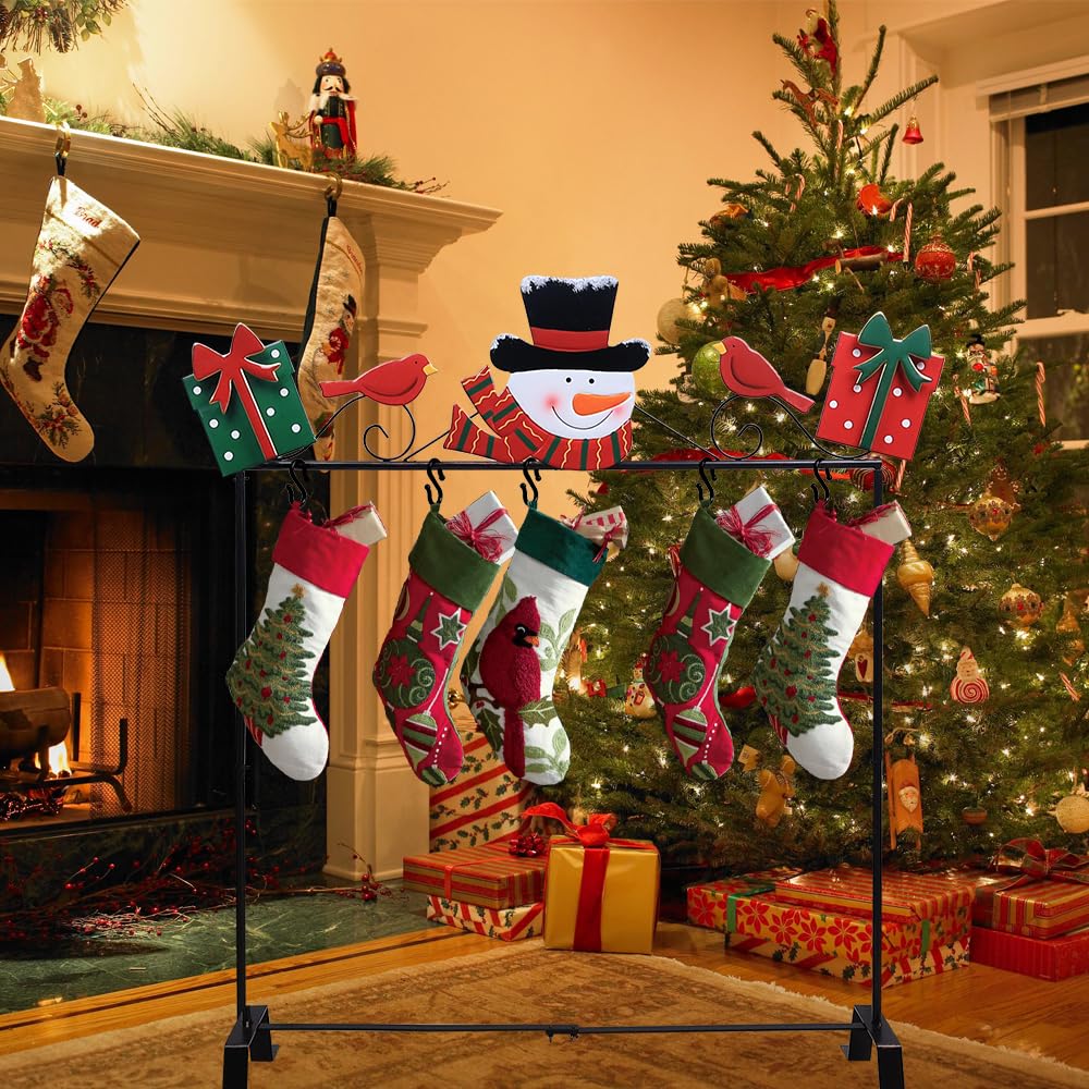 YEAHOME Christmas Stocking Holder Stand, Metal Freestanding Stocking Stand with Snowman Red Bird Xmas Gifts Box, 5 Hooks Stocking Hanger for Christmas Decorations Indoor Home Living Room Fireplace