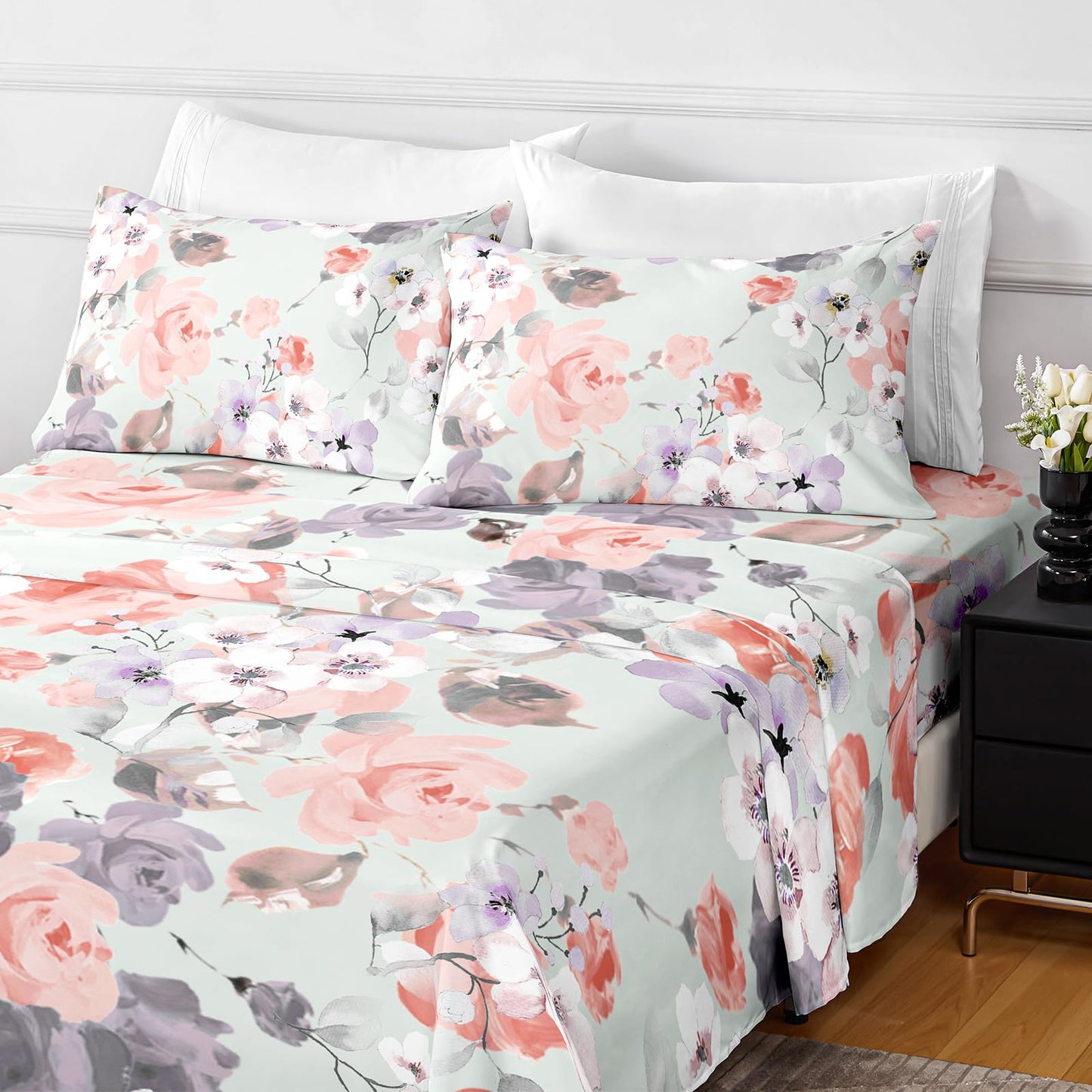 HCORA Floral Queen Sheet Set, Luxury 1800TC Hotel Quality Double Brushed Microfiber Deep Pocket Bed Sheets, Ultra Soft, Breathable and Cooling, 4PC, Queen Size