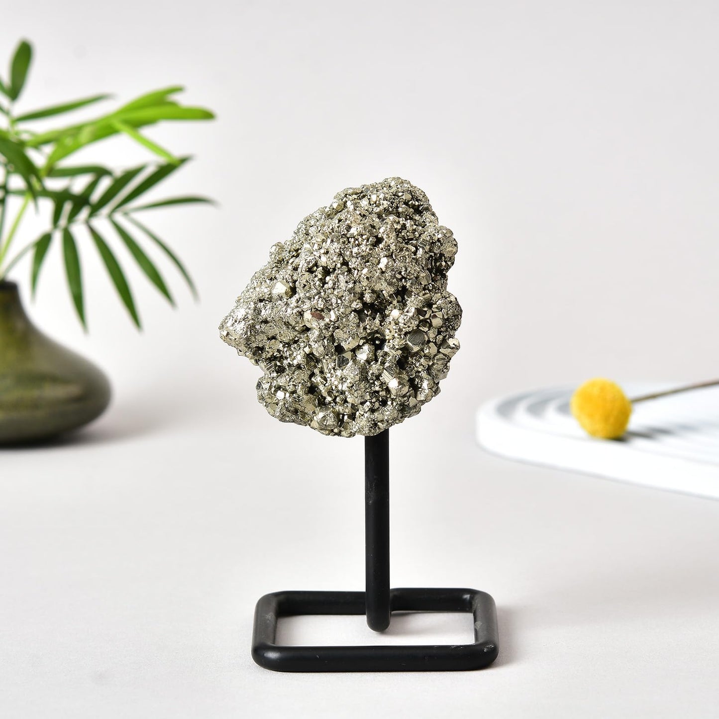 JIC Gem Natural Pyrite Crystal Stone on Metal Stand Raw Pyrite Cluster Fools Gold Reiki Healing Home Decor 300-400g