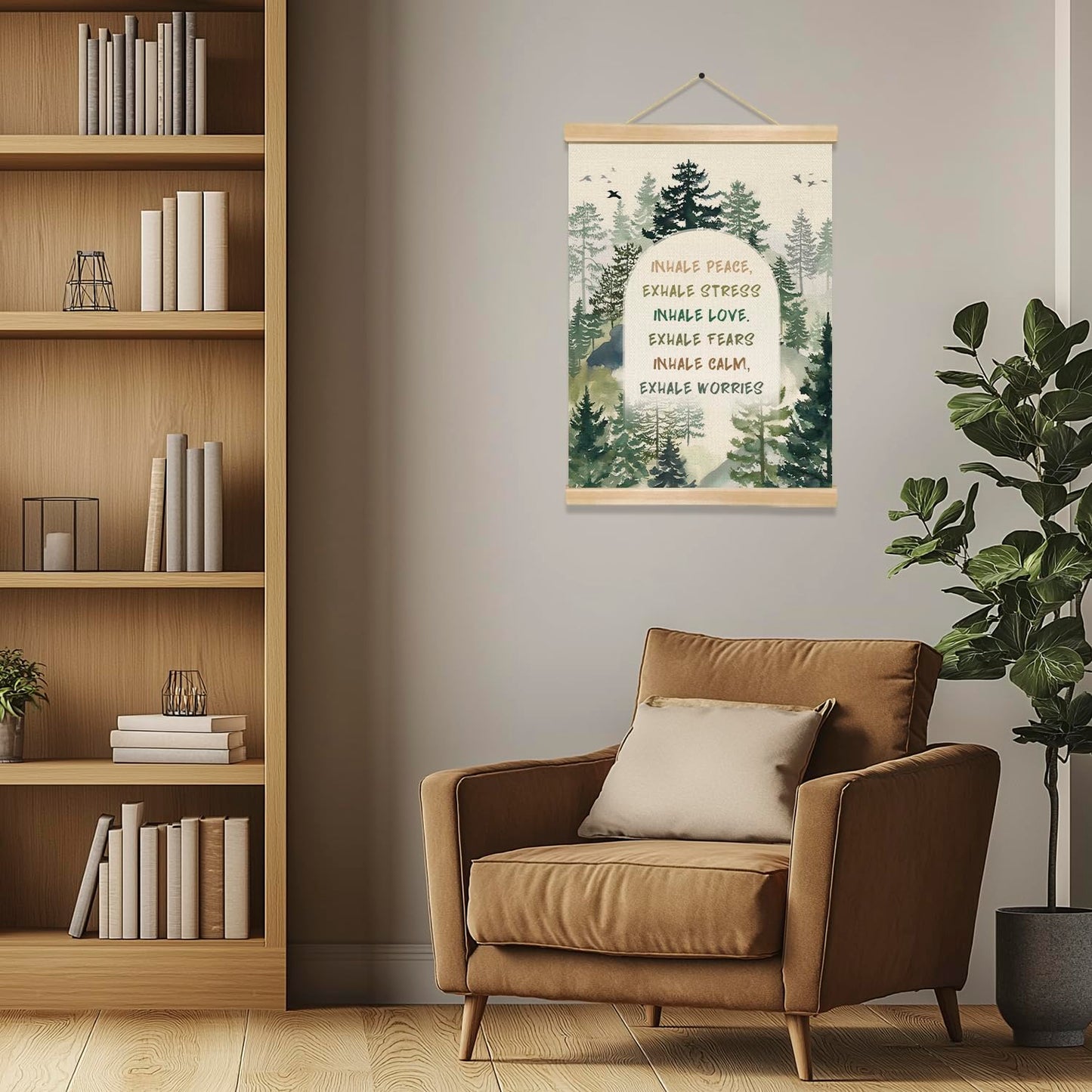 Mindfulness Wall Art Decor,Inhale Exhale Inspirational Forest Poster with Wooden Hanger, Mental Health Decor for Therapy Office, Counseling Room, Yoga Studio, Calm Down Corner, 14x18.5Inches(BG015)