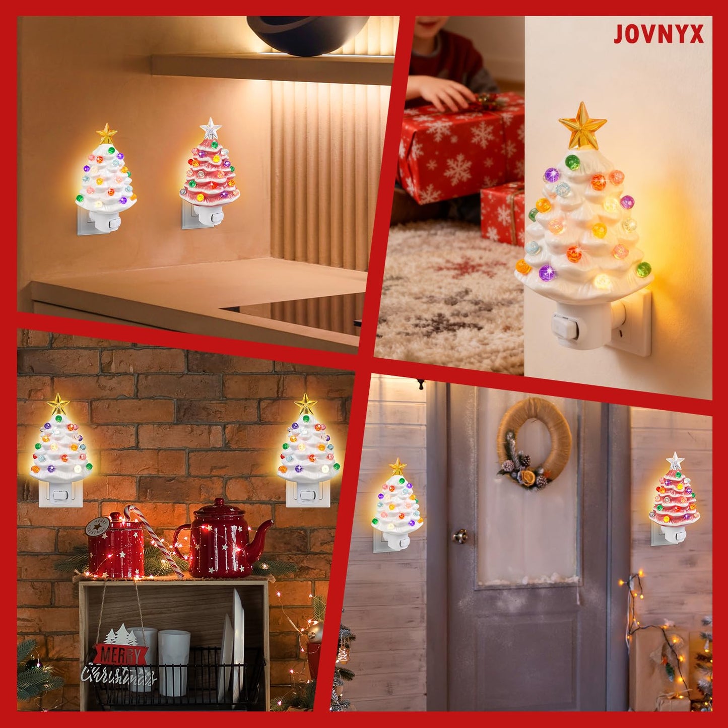 JOVYNX 2 Pack Christmas Ceramic Tree Night Light Plug in,360° Rotatable Nostalgic Xmas Day Night Light that Light Up,Pink White Retro Christmas Day Decor Nightlights