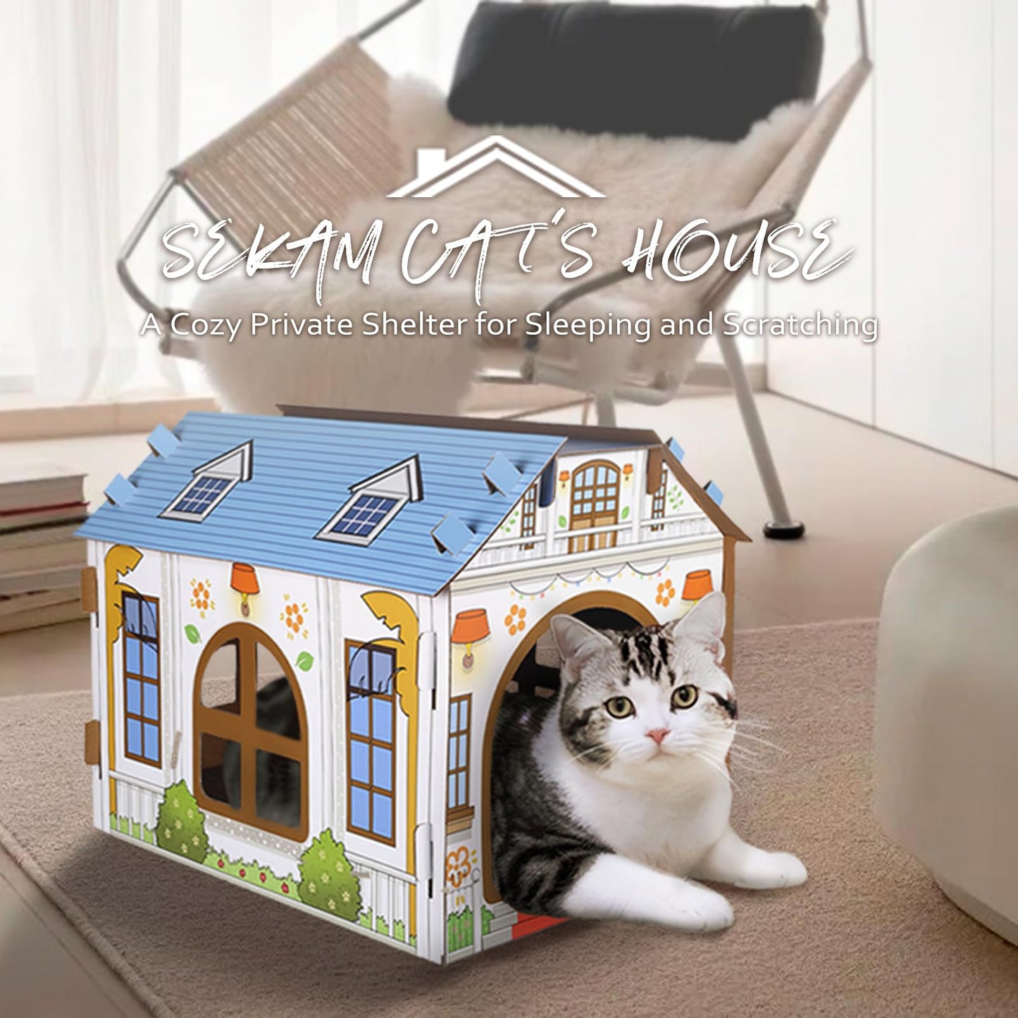 SEKAM Cardboard Cat House with Scratcher/Catnip (16.5''L x 12''W x 13''H), Play House for Indoor Cats, Cat Scratching Box & Hideaway Furniture, Hideout for Small Animals