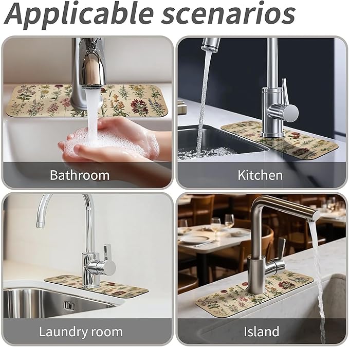 Kitchen Sink Splash Guard,Vintage-wildflowers Faucet Mat Sink Gadgets-Super
