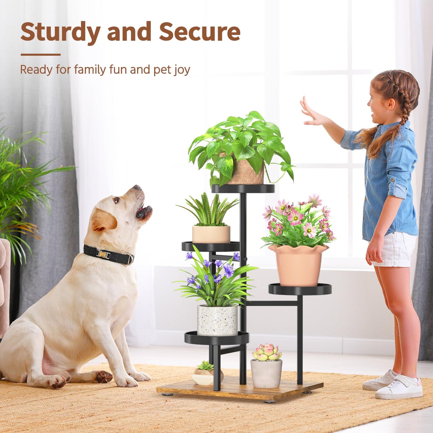 LASZOLA Black 4 Tier Plant Stand Indoor Heavy Duty Rack for Modern House Planter, Metal and Wooden Vertical Organizer Decor Narrow Bathroom Floor, Sturdy Multi Level Flower Holder Raised, Cat Proof
