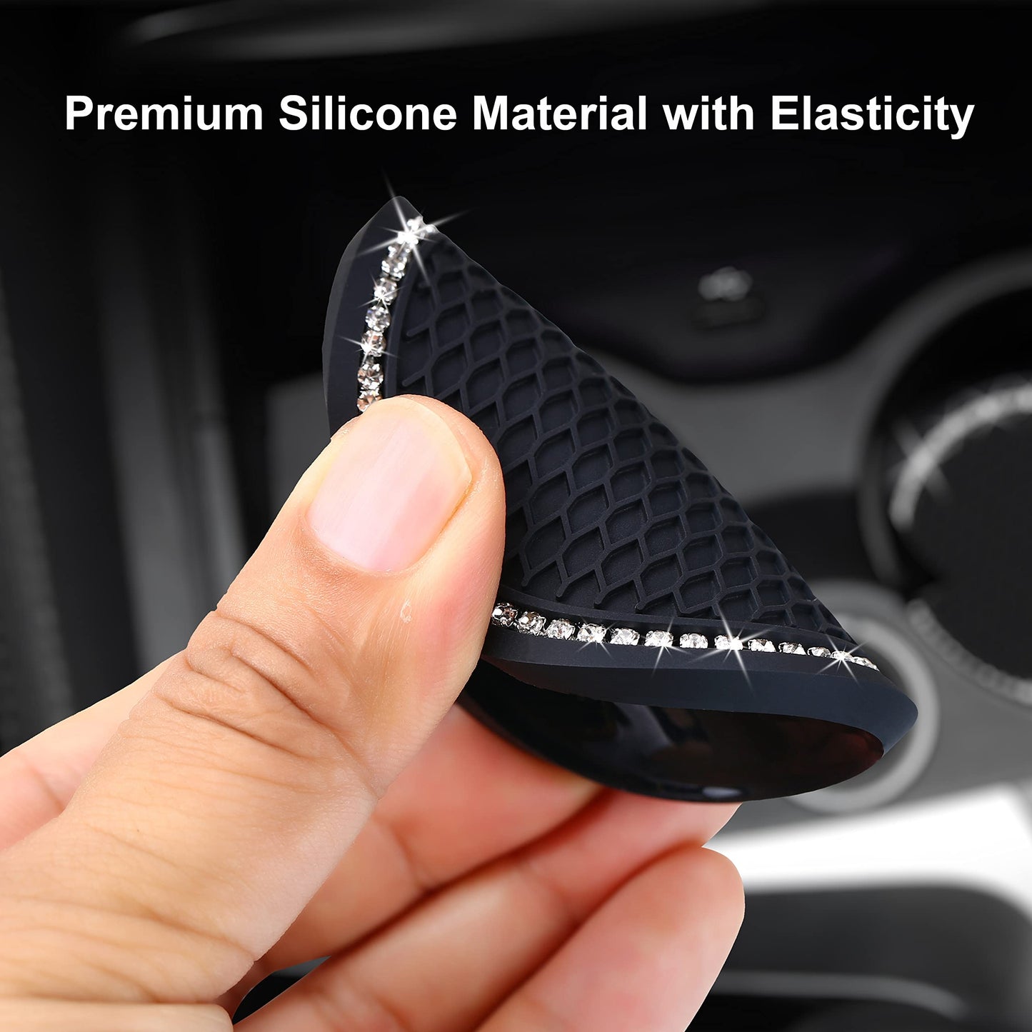 2PCS Bling Car Cup Coaster, 2.75 Inch Auto Cup Holder Insert Coasters Silicone Anti-Slip Crystal Rhinestone Drink Mat, Universal Vehicle Interior Accessories for Women Girls (Black)