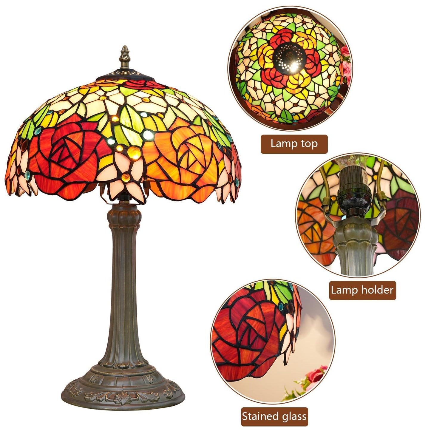 wecrejoni Tiffany Lamp Rose Flower Stained Glass Table Lamp 12X12X18 Inches Rose Style Desk Reading Light Decor Bedside Bedroom Living Room Home Festival Birthday Valentine's Day Christmas Gift