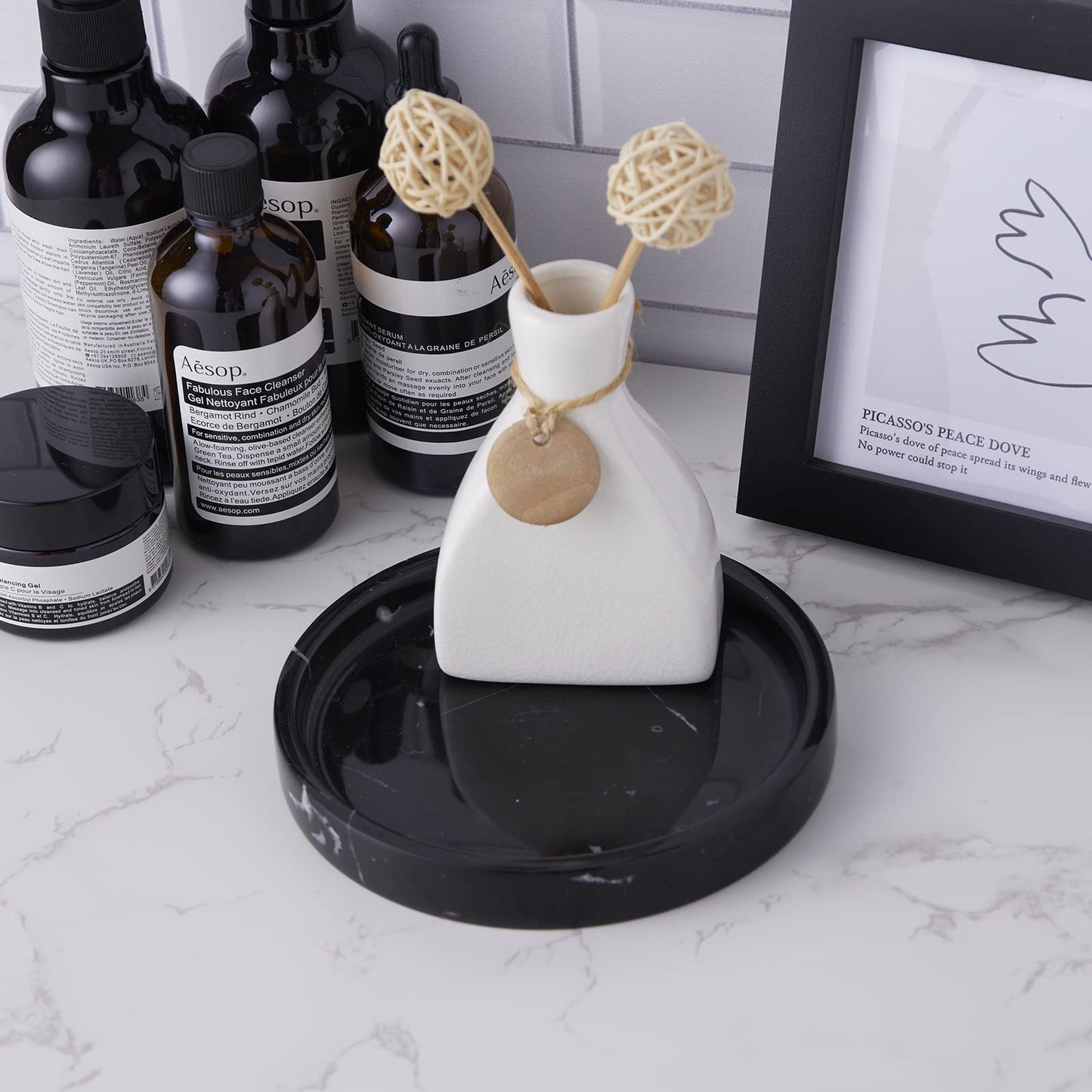 PHINILUX 100% Carved Marble Round Vanity Tray 5.5'', for Kitchen Bathroom Countertop, Nightstand Decor, Candle Holder, Jewelry Rind Dish, Trinket Plate, Table Accents, Black