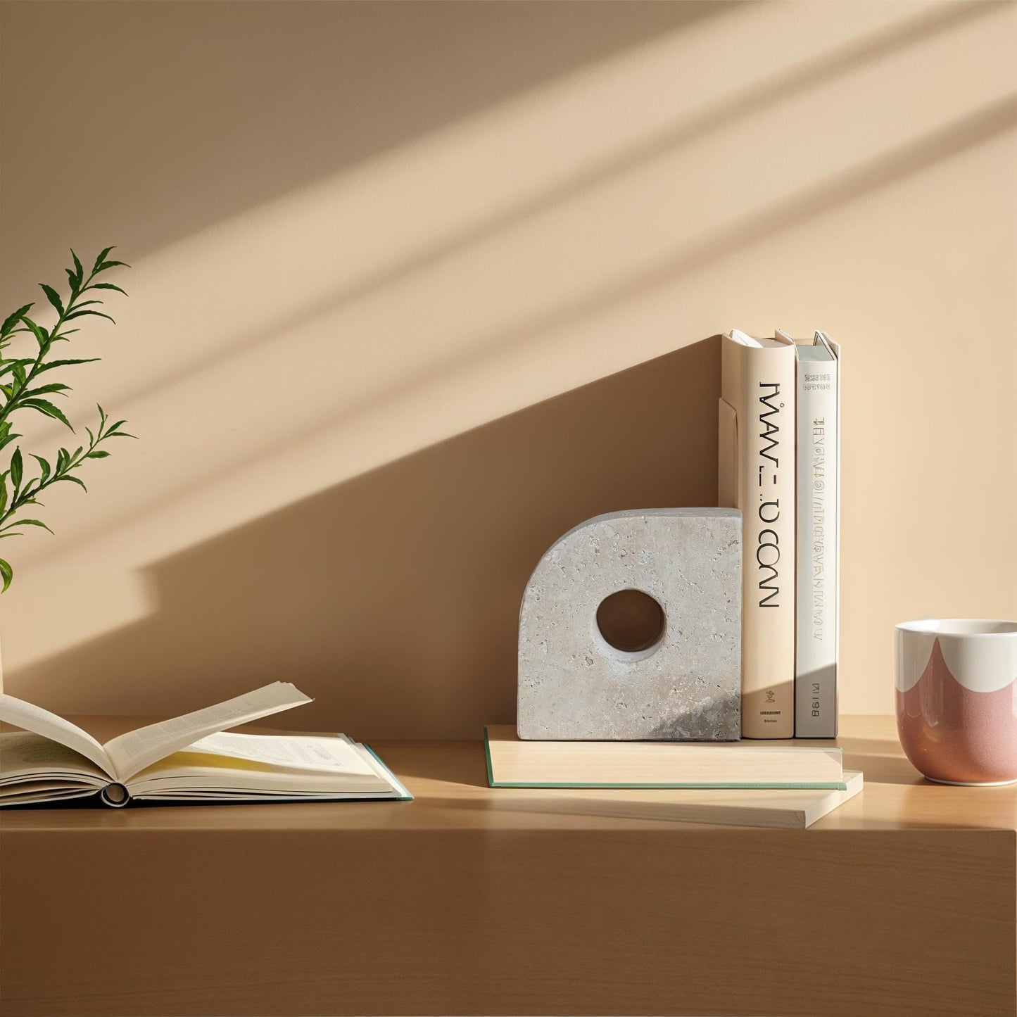 Bloomingville 2-Piece Travertine Bookends with Circle Cut-Outs, Beige