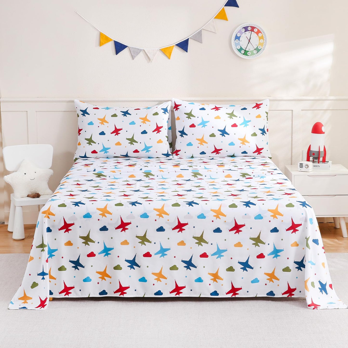 ChicView Twin Sheet Set Kids,3 Pieces Breathable Soft Microfiber Bedsheets for Child Boys Girls, Anti Pilling Deep Pockets Easy Care Bed Sheets, Aircraft
