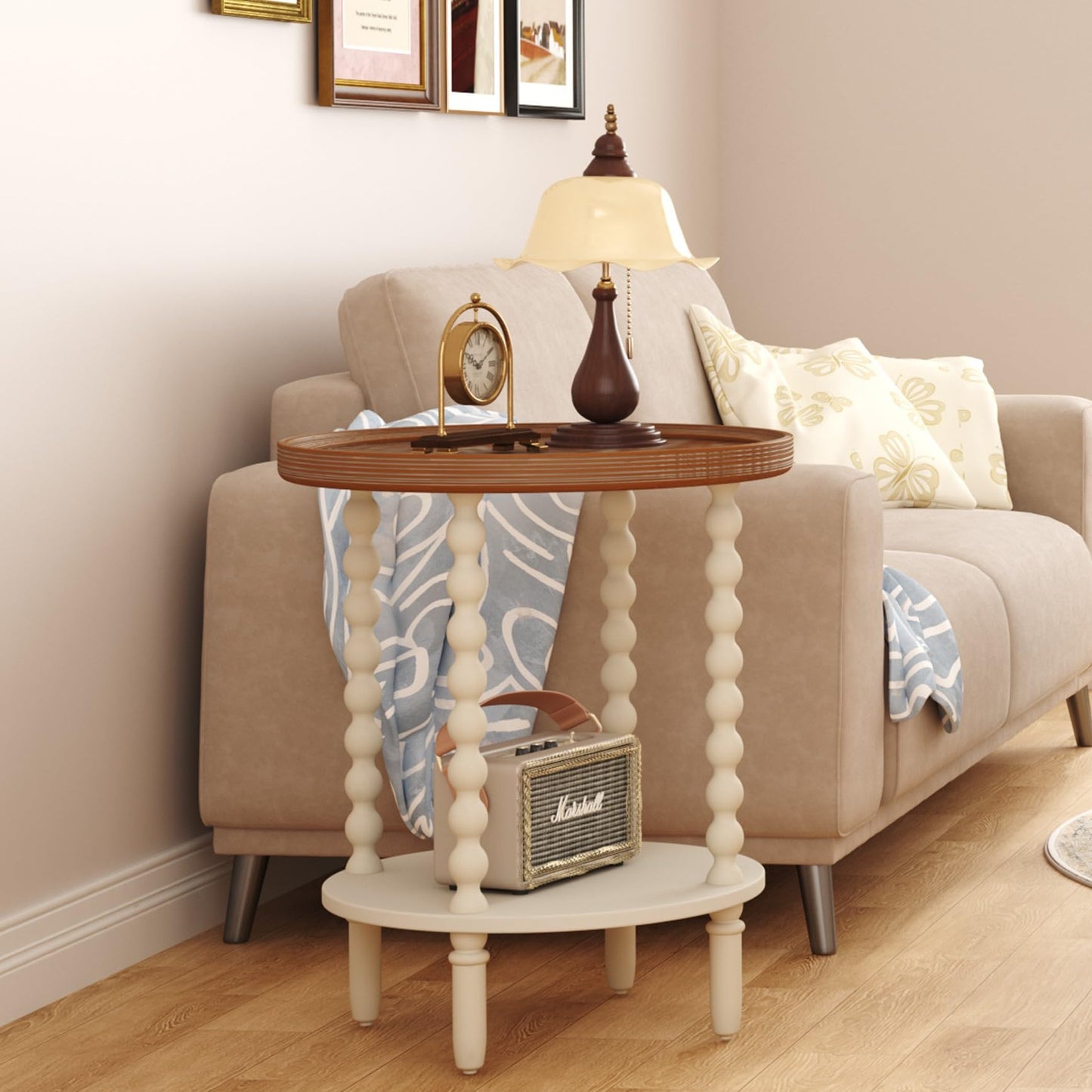Function Home Round End Table, Farmhouse Side Table with Storage Shelf, 2 Tier Wooden Nightstand, 19.2” Accent Table for Living Room Bedroom Small Space, Natural Tray Top and Vintage White Spindle Leg