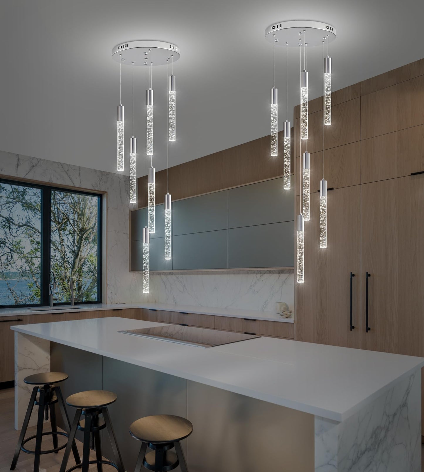 Upfelw Modern High Ceiling Crystal Chandelier 7-Lights, Spiral LED Raindrop Foyer Pendant Lighting, Bubble Staircase Living Room Hanging Light Fixture Flush Mount Chrome