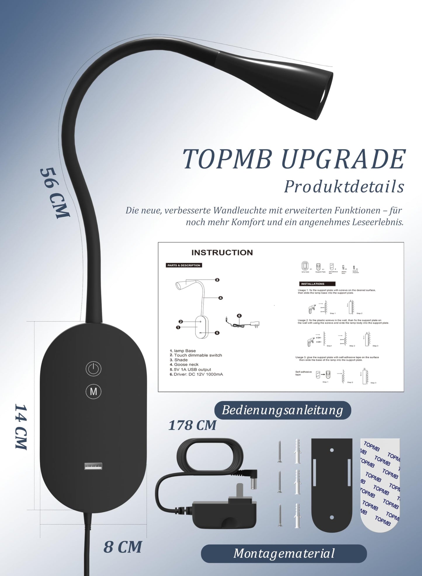 TOPMB Wall Reading Light for Bed – 4 Color Modes, 5‑Level Dimmable Reading Lamp, CRI 95+ Natural Sunlight, USB Output Charge & Auto Memory Black
