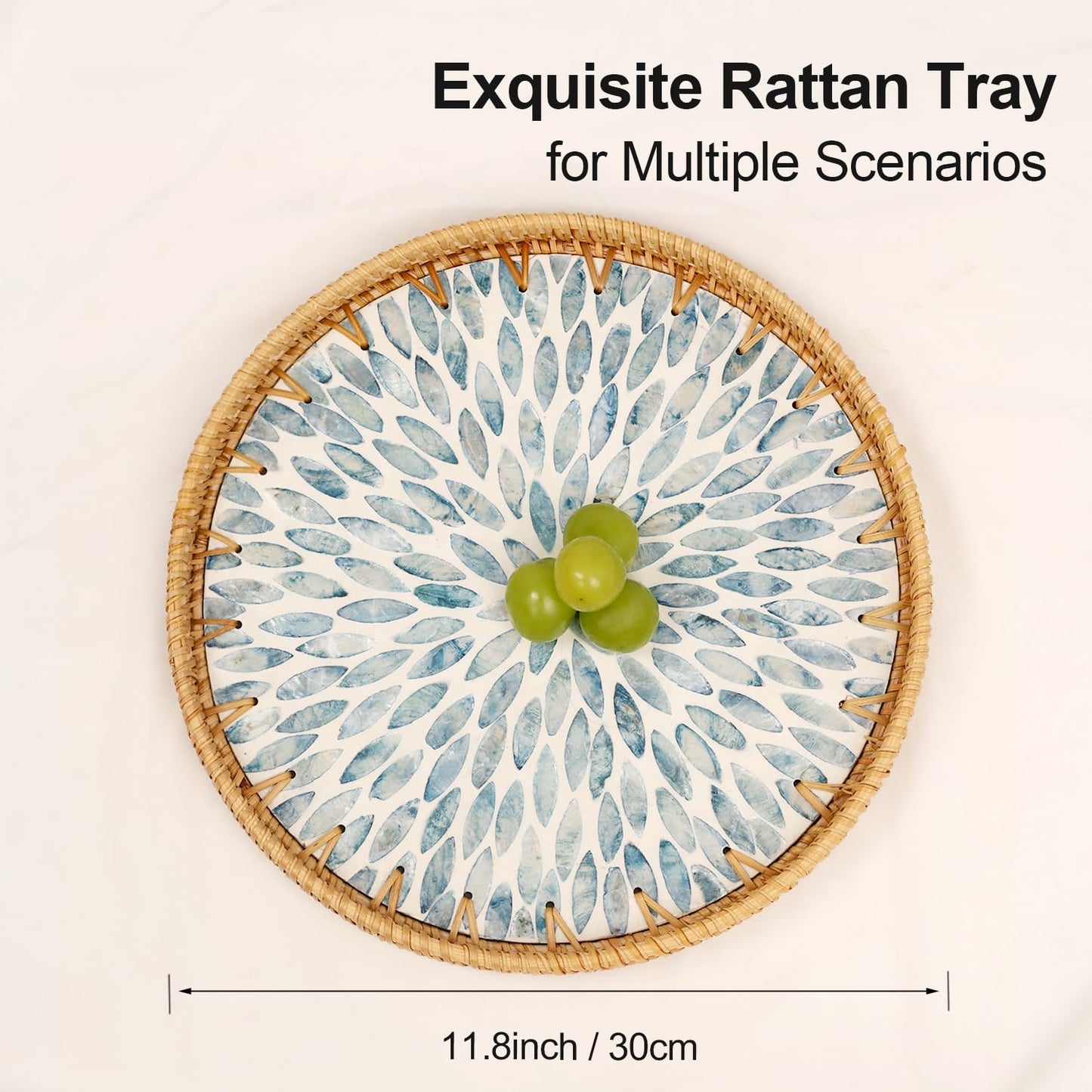 Tynulox Round Rattan Tray with Mother of Pearl Inlay, Rattan Serving Tray for Coffee, Bread, Fruits, Decorative Wicker Tray for Table Decor, Home Decor, Kitchen Island Decor (Light Blue Leaf, 11.8")