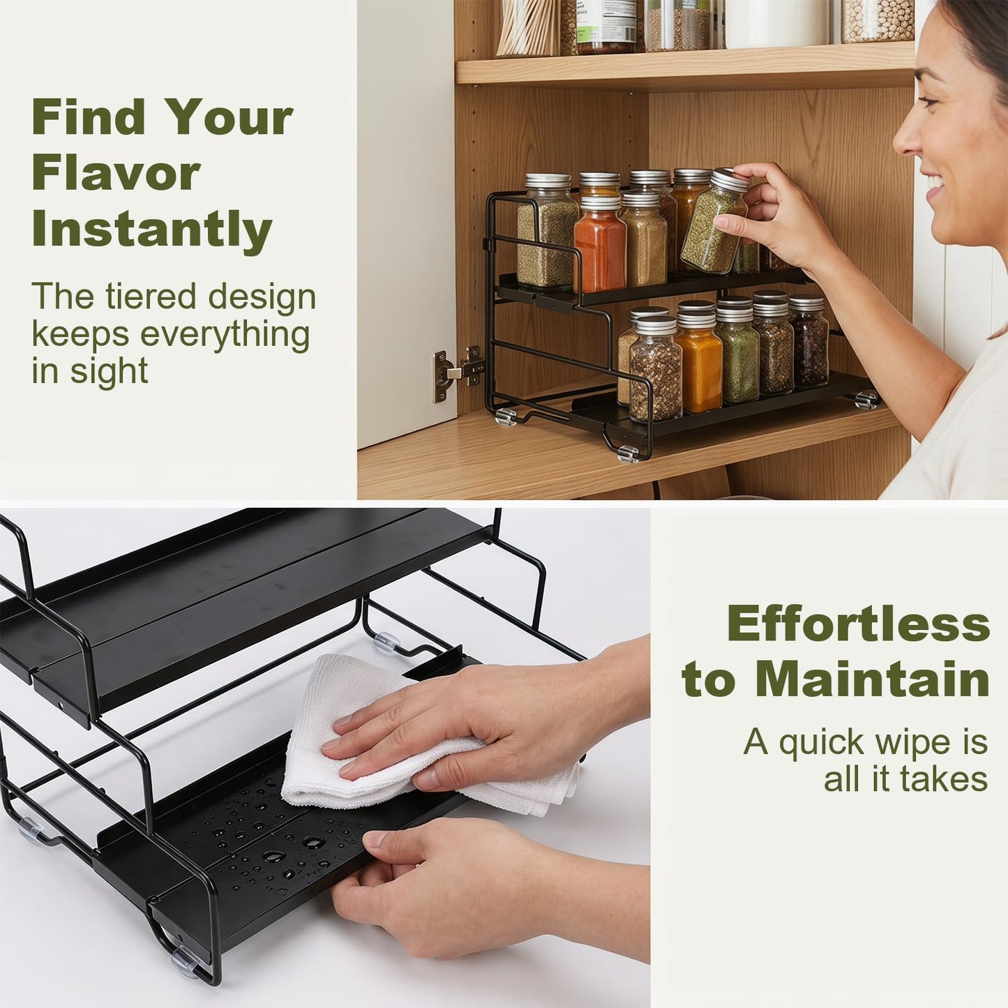 KITREPAION Spice Rack Organizer for Cabinet, Tiered Adjustable Spice Shelf Organization, Metal Seasoning Rack for Kitchen Countertop Cupboard Pantry, Raised Edge Anti-Slip Design for Jars and Bottles