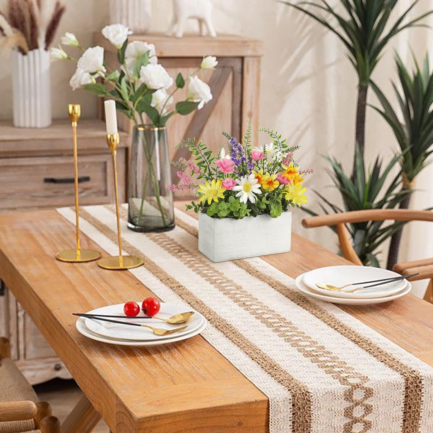 Briful Table Floral Arrangement Centerpiece, Artificial Flowers in Wooden Vase, Flower Plants Centerpieces for Tables, Farmhouse Table Decor, Living Room Dining Coffee Table Shelf Decor