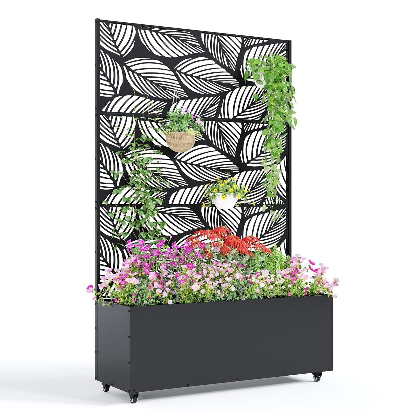 GarveeLife Metal Planter Box with Trellis and Wheels, 71"x47"x16" Raised Garden Bed for Climbing Plants, Vegetables, Vines, Privacy Planters for Patio with Drainage Holes, 15.7" Deep Planting Bed