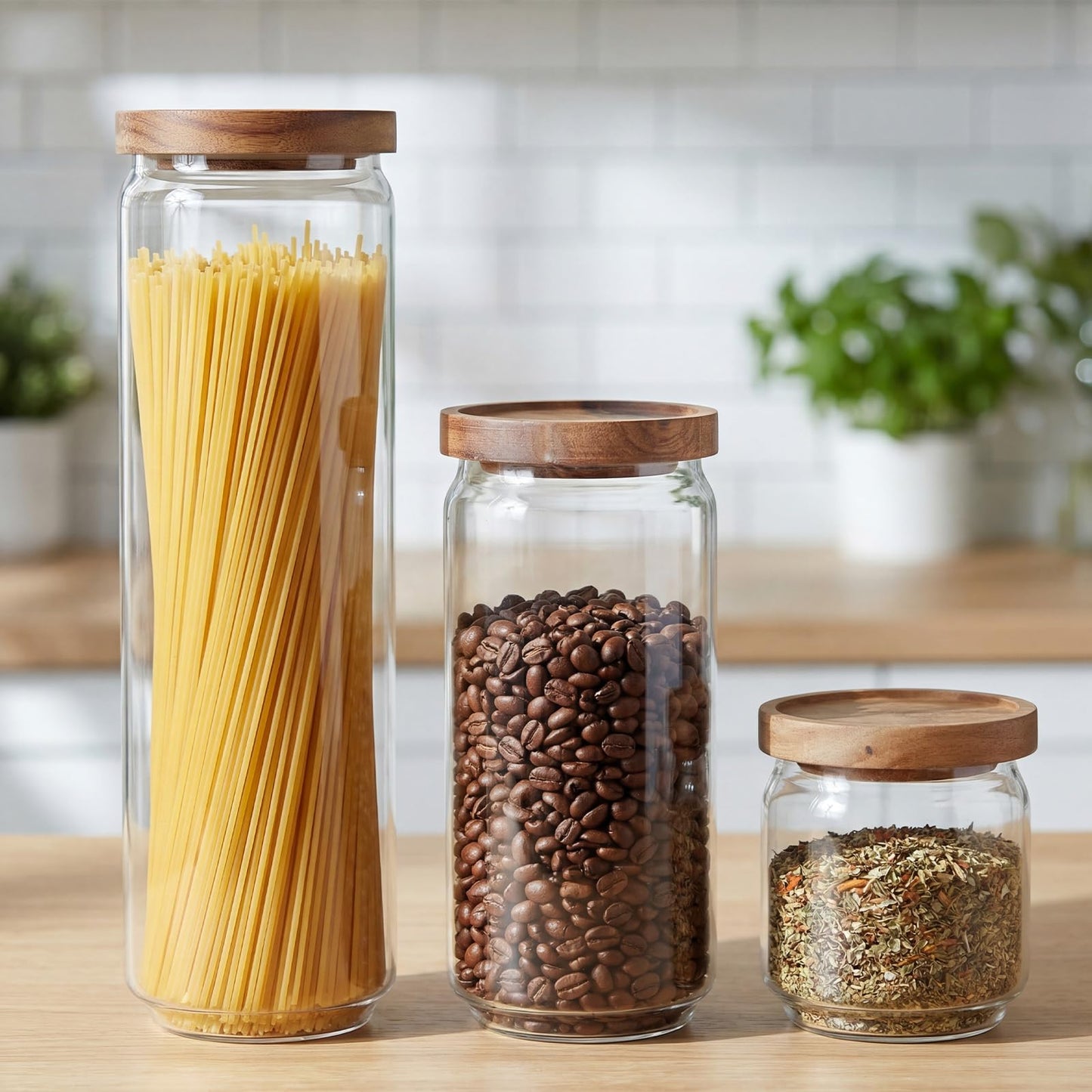 SiliFine 6 Set Glass Pantry Storage Jar with Acacia Airtight Lid 3 Size Glass Storage Container Jar for Pasta Spaghetti Cereal Coffee Bean Flour Sugar Rice, 17oz, 35oz, 53oz (Wood Lid)