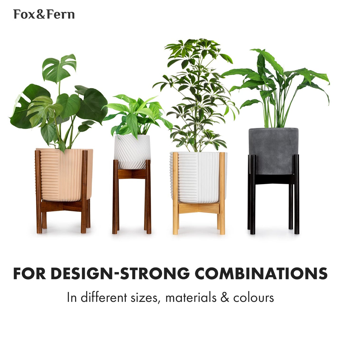 Fox & Fern Large Adjustable Plant Stand Indoor — 11 to 15 Inch Premium Mid Century Bamboo Plant Stand; Plug In Design; Easy Assembly; Two Heights - For 11, 12, 13, 14 & 15 Inch Pots (Not Included)