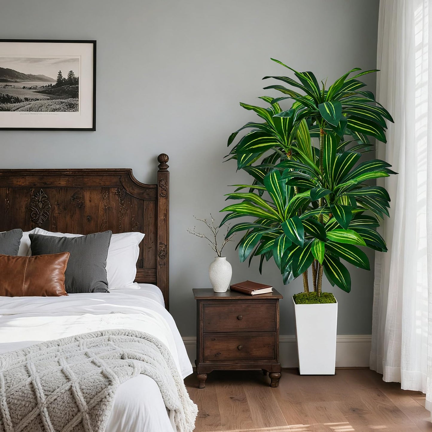 SJSCYD Dracaena Artificial Plants Indoor, 5FT Tall Faux Tree with White Tall Planter, Fake Yucca Tree Floor Plant, Artificial Trees for Home Office Living Room Garden Decor Outdoor, Housewarming Gift