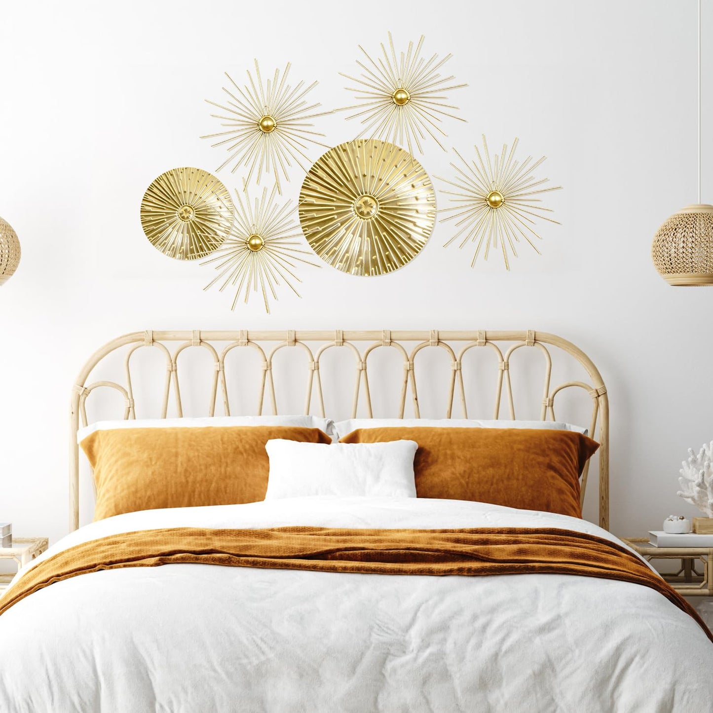 Yudlto 6 Pcs Gold Wall Decor Set, Modern Metal Starburst Radial Plate Wall Art, Gold Metal Hanging Decor for Living Room Bedroom Bathroom Office