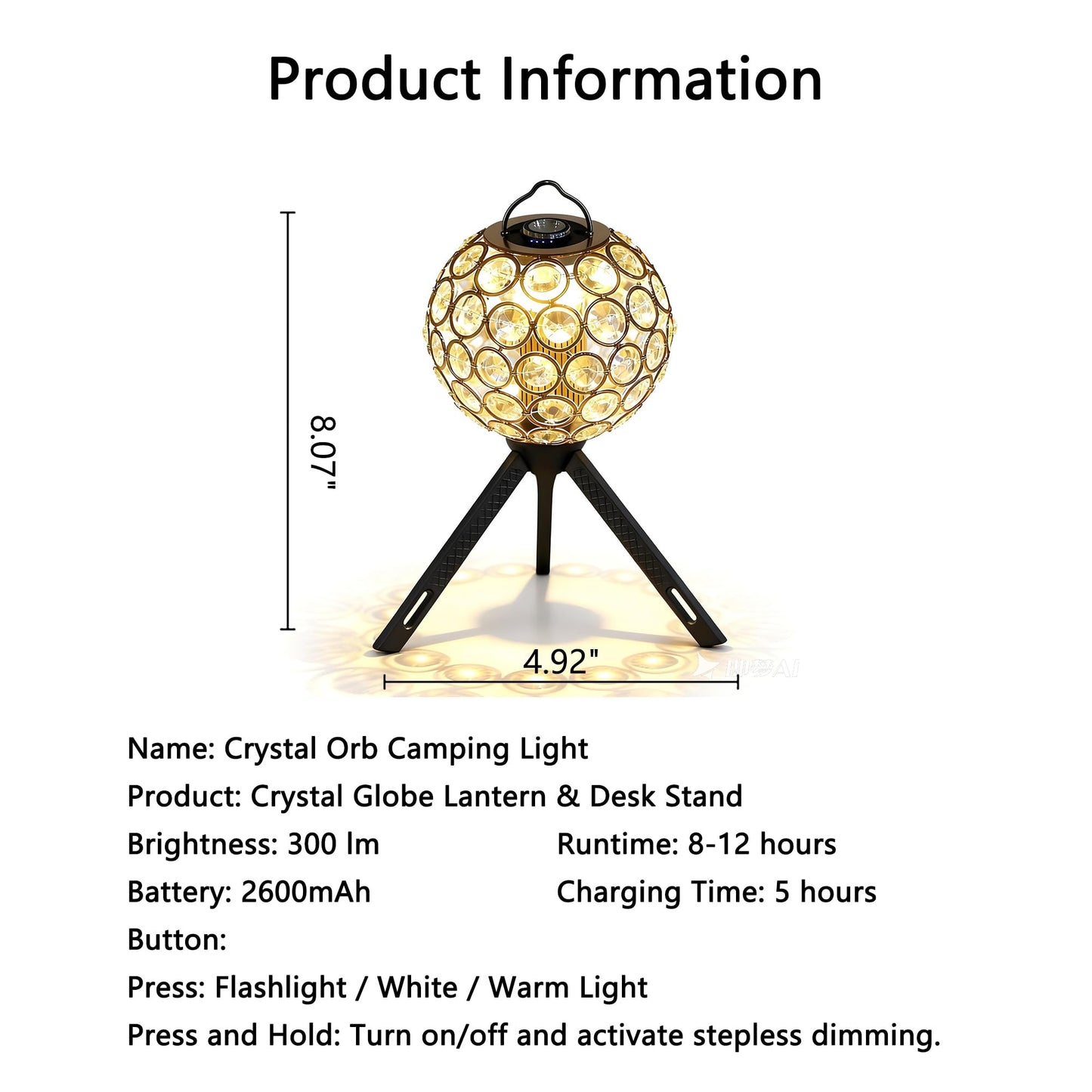 Crystal Orb Camping Light with Etched Glass - 300LM Romantic Projection Light, 3-in-1 Portable Lantern for Desk, Floor & Hanging, Rechargeable, Warm White Light, IPX4, Ideal for Bedroom, Camping Gifts
