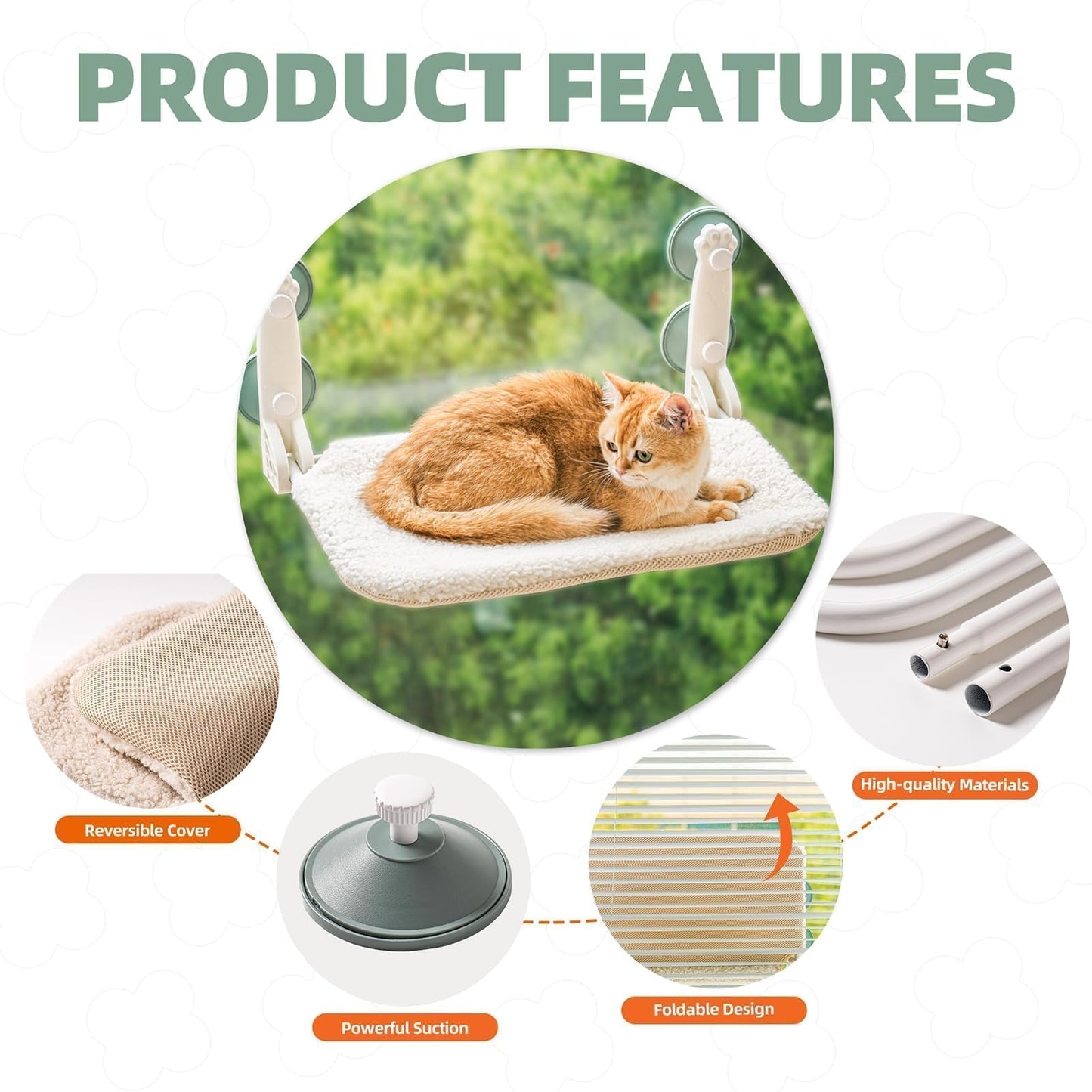 MEWOOFUN Cat Window Bed Hammock Large for 2 Cats - 60x30cm Foldable Cat Window Perch w/Reversible Mat, Upgrade Strong Suction Cups Sturdy Holds Up to 18kg, Beige