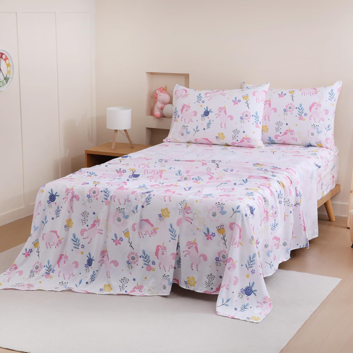 Yibeizi Unicorn Sheet Set for Girls Twin, Kids Boho Floral Print Bedsheets Microfiber Deep Pocket Cute Patterned Bed Sheet & Pillowcase Sets 3 Pieces