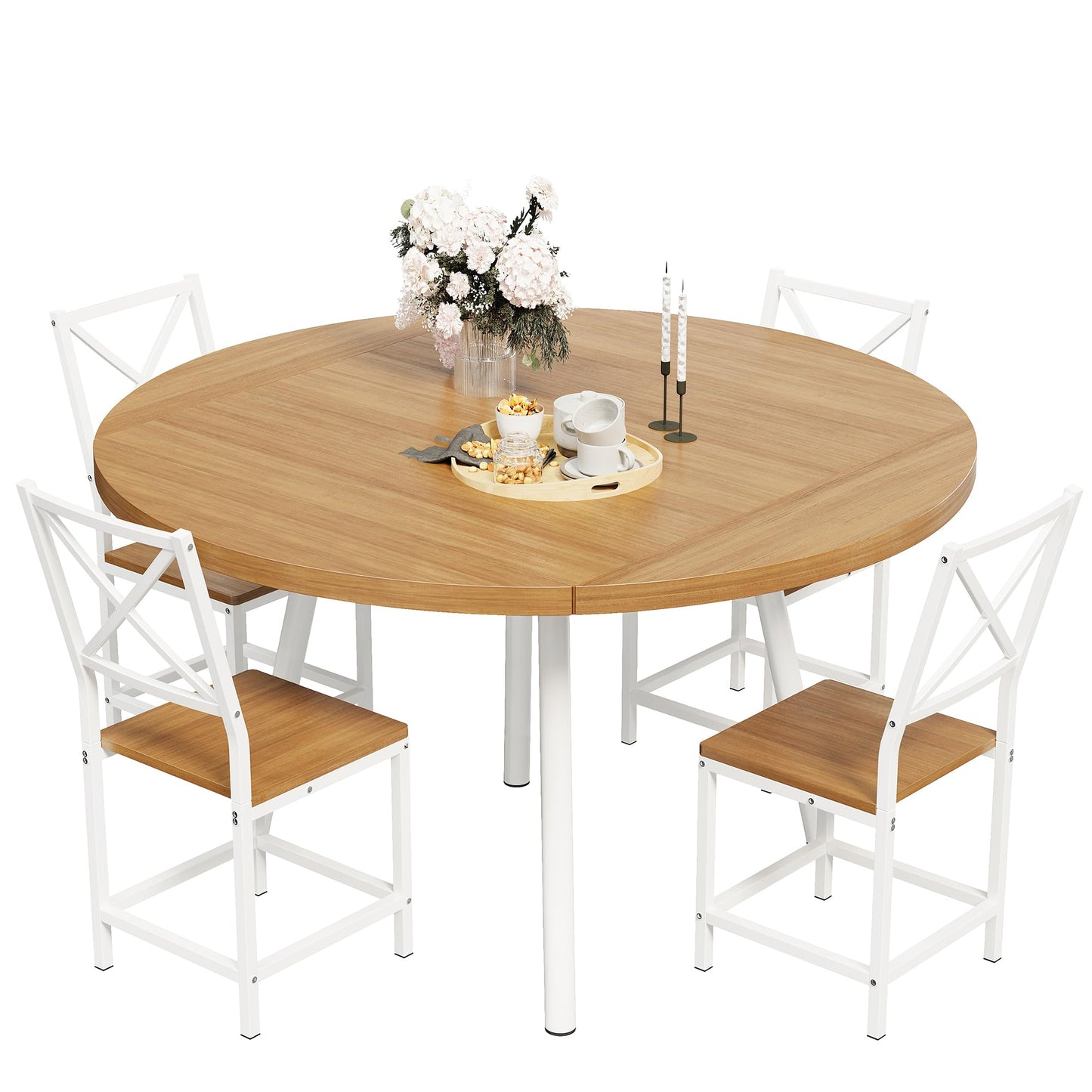 IRONCK Dining Table Set for 4, Round Kitchen Table and 4 Stool Chair for Dining Room, 44.5inch Drop Leaf Desk, Small Space Saving, Natural Wood