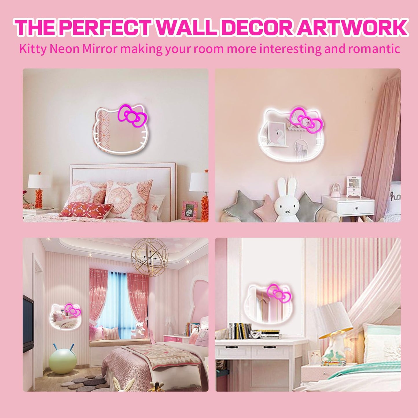 Anime Hello Kit Mirror with Light Neon Signs for Wall Decor, Dimmable for Teen Girl Gift,Makeup Mirror neon Sign Room Decor (16.1 * 14 inch)