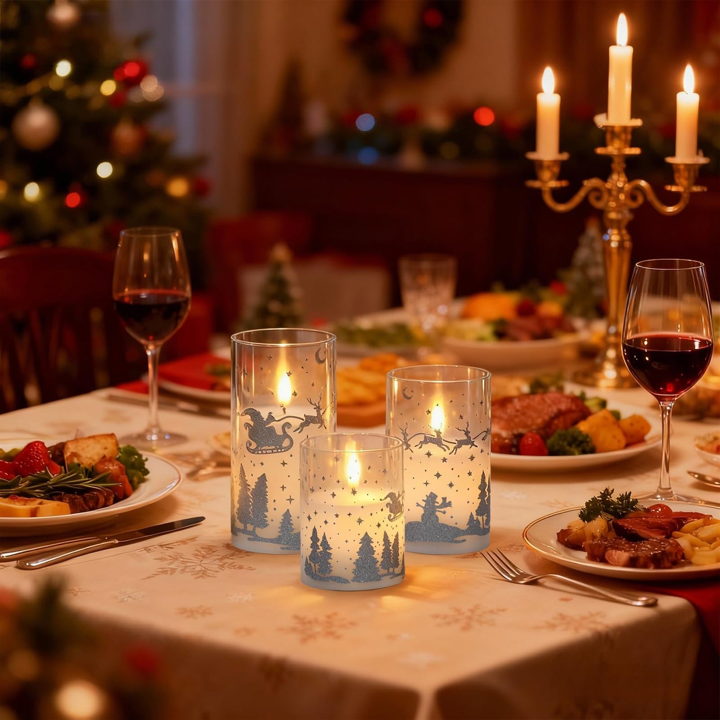 DRomance Reindeer Glass Flameless Candles Battery Operated with Remote and Timer Real Wax Silver Glitter 3D Wick LED Flickering Candles Warm Light Indoor Christmas Holiday Decor 3" D x 4", 5", 6" H