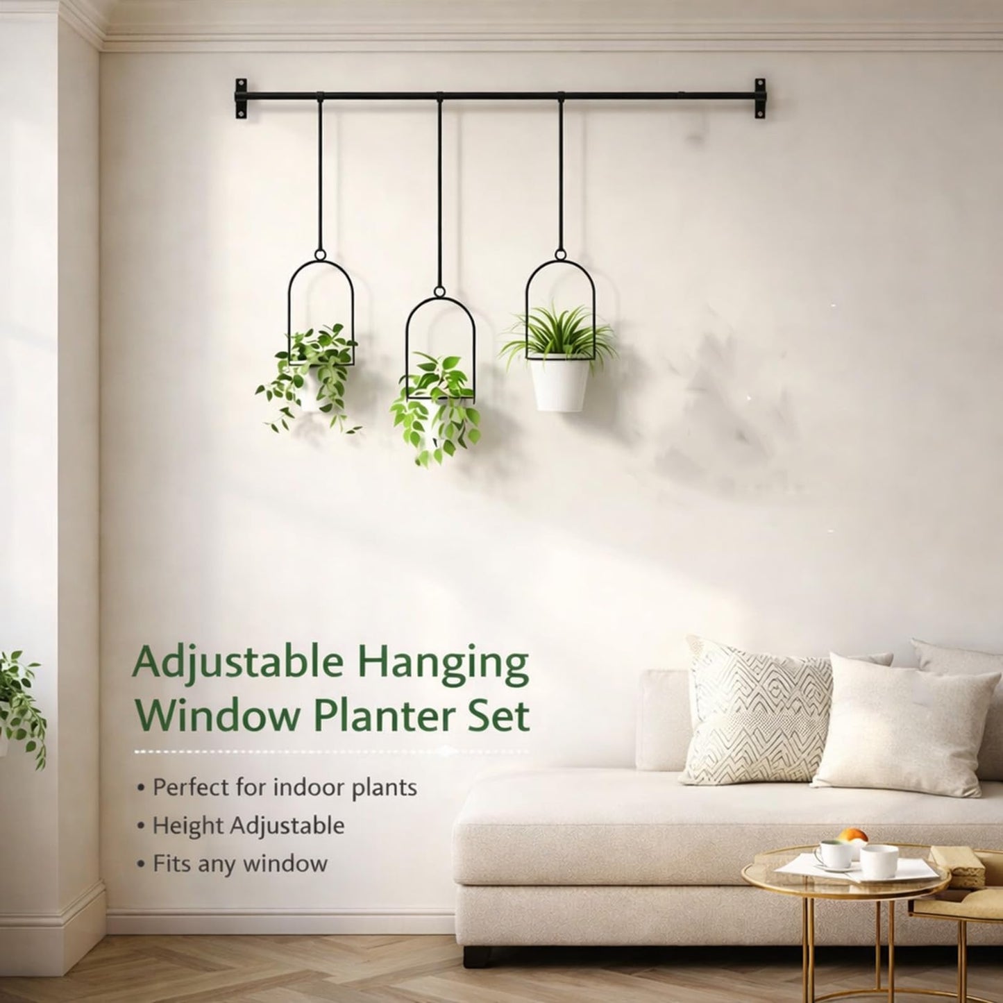 Adjustable Hanging Window Planter Set, Window Hanging Planters, Indoor and Outdoor Wall Plant Hanger, with 3 Plastic Pots, Flexible Nylon Rope, for Windows and Ceilings (Black)