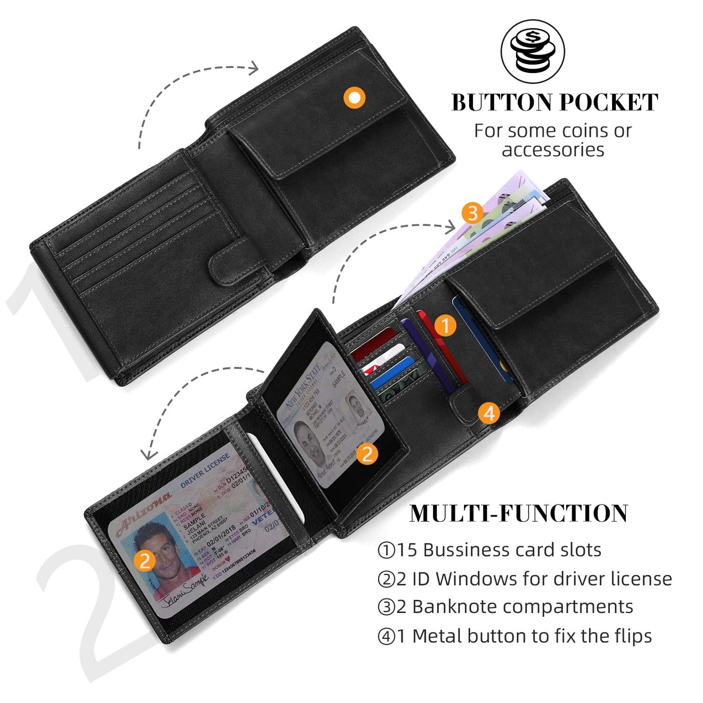 HOCRES® Wallets for Mens RFID Blocking Leather Slim Wallet with 15 Credit Card Holders, 2 Banknote Compartments & 2 ID Window Minimalist Wallets with Gift Box