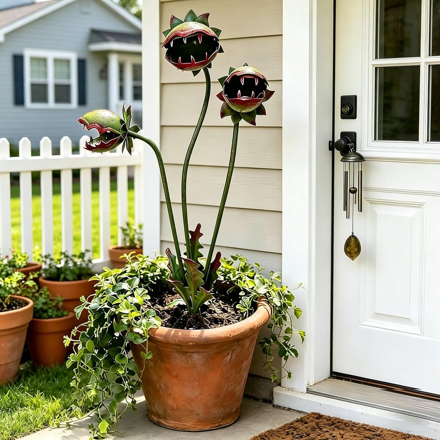 Metal Carnivorous Plant Garden Stake,25in Handmade Iron Large Venus Flytrap Monster Plant Sculpture,Whimsical Flower Outdoor Decor,Durable for Flower Beds,Patios & Planters,Unique Quirky Garden Gift