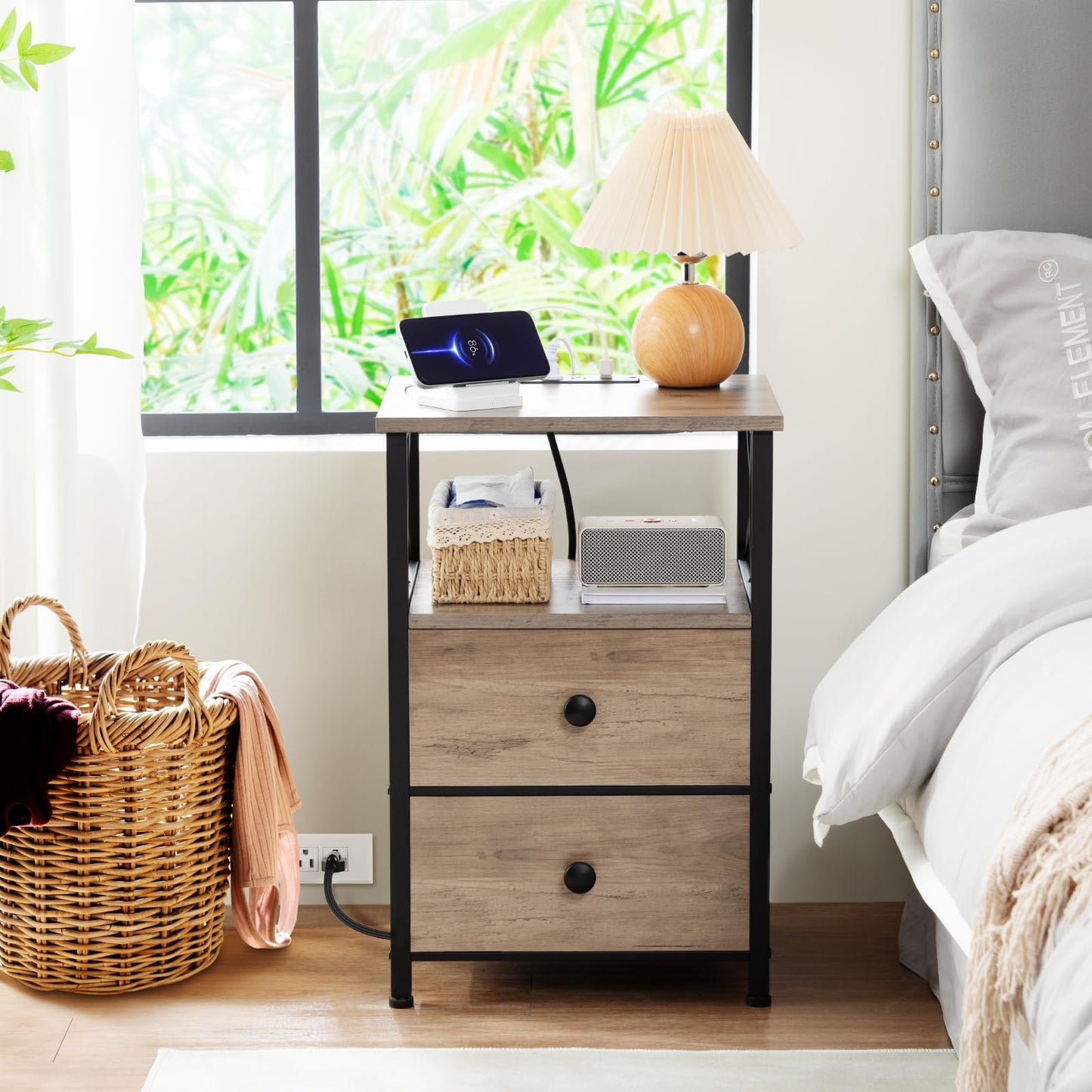 AMHANCIBLE Night Stand, Nightstand with Charging Station, End Tables Living Room with Fabric Drawer, Bedside Table with USB Ports and Outlets for Small Spaces Bedroom, Greige HET05XGY1