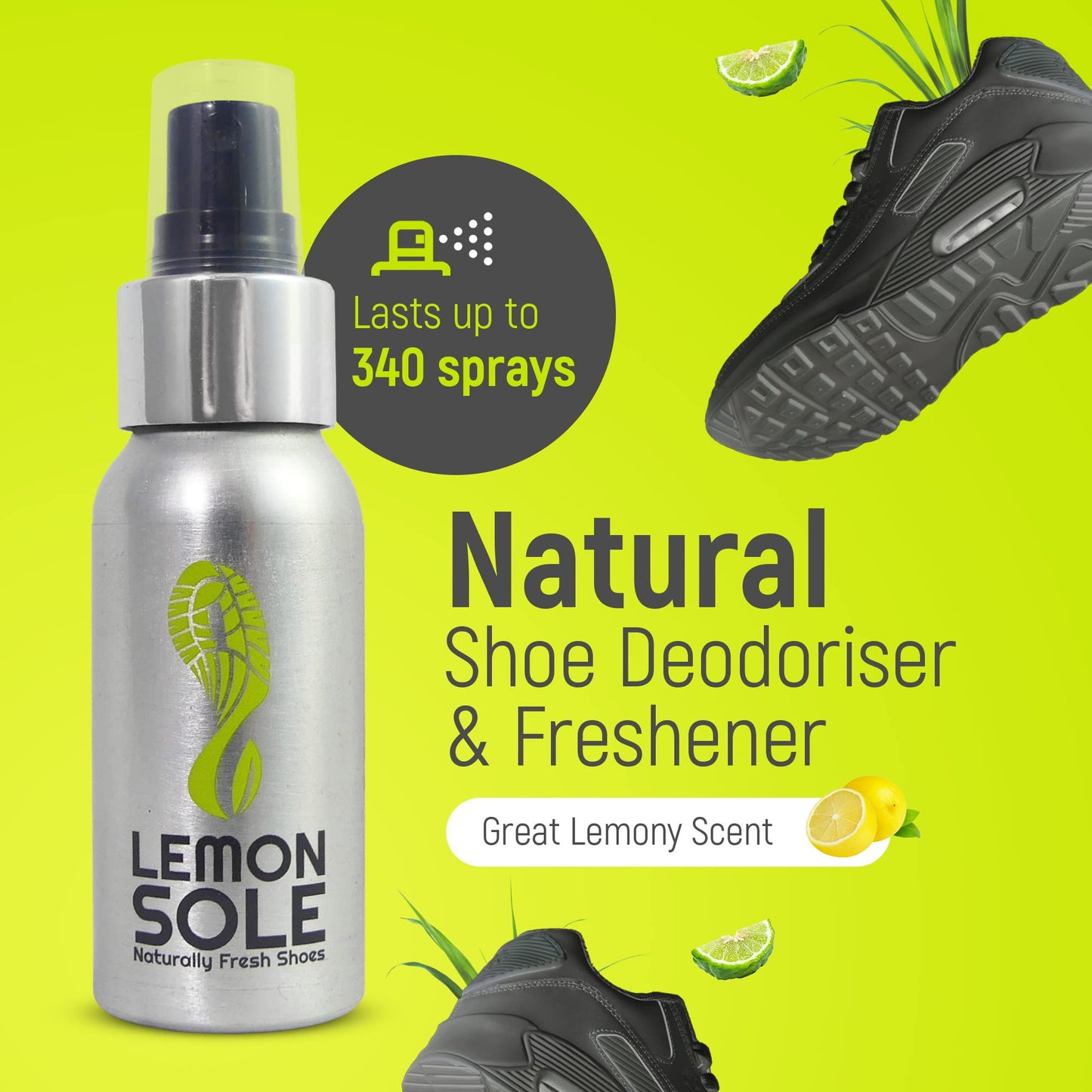 Lemon Sole Twin Pack - The POWERFUL & NATURAL shoe freshener & deodoriser spray with 6 essential oils. Great for Sport. Extremely Effective!