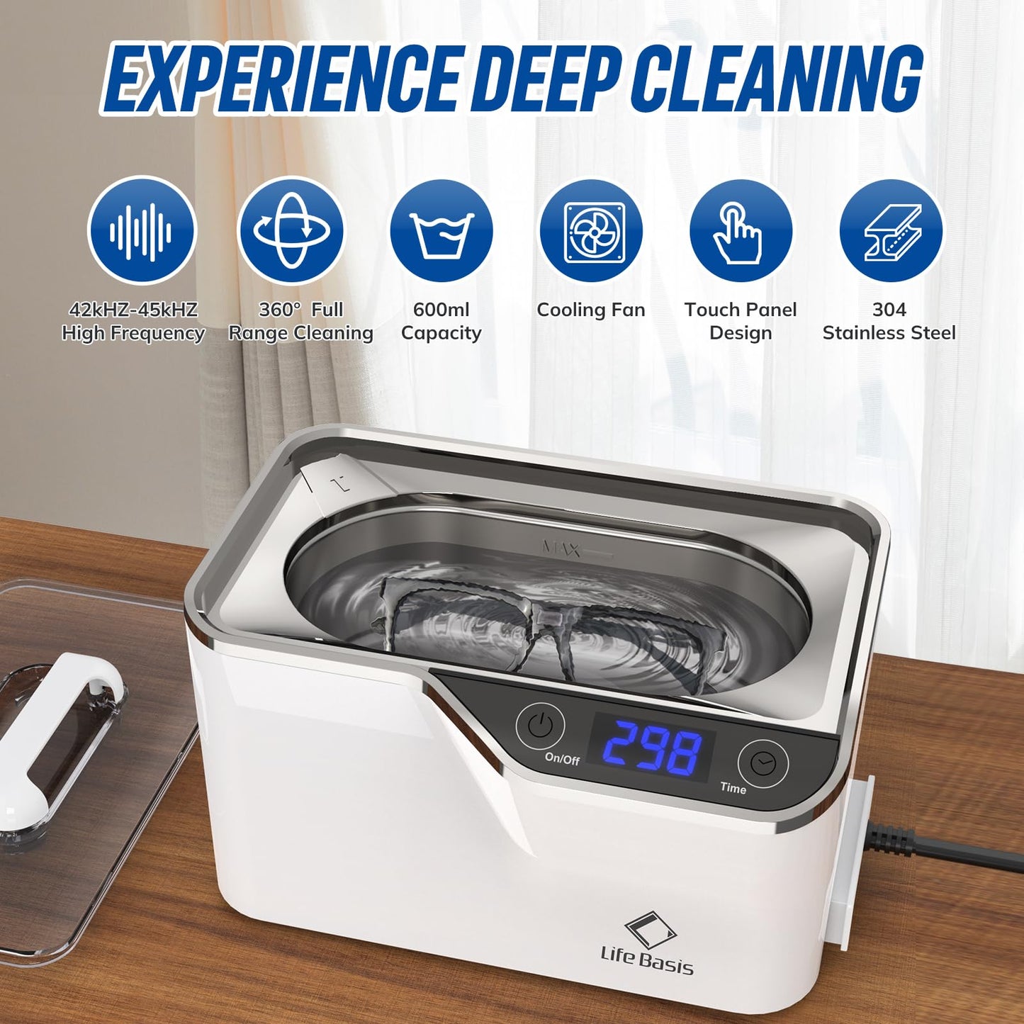 LifeBasis CDS-100 Ultrasonic Cleaner Jewellery Cleaner 600ML 42KHz,Silver Cleaner with Cleaning Basket Watch Stand for Jewelry Necklace Ring Glass Watch Denture Guin-ness Surger Cans(White)