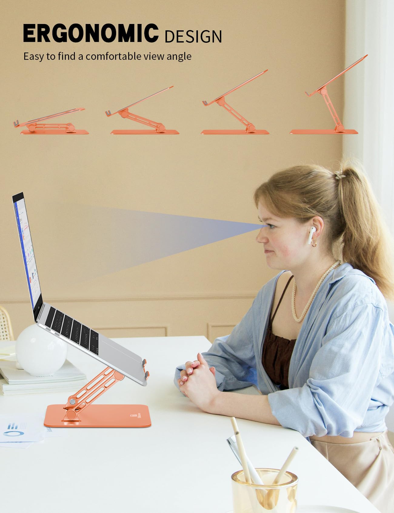 ToBeoneer Laptop Stand, Ergonomic Adjustable Computer Stand for Collaborative Work, Foldable and Portable Heat Sink Computer Stands, Fits up to 15.6-inch Laptops (Orange)