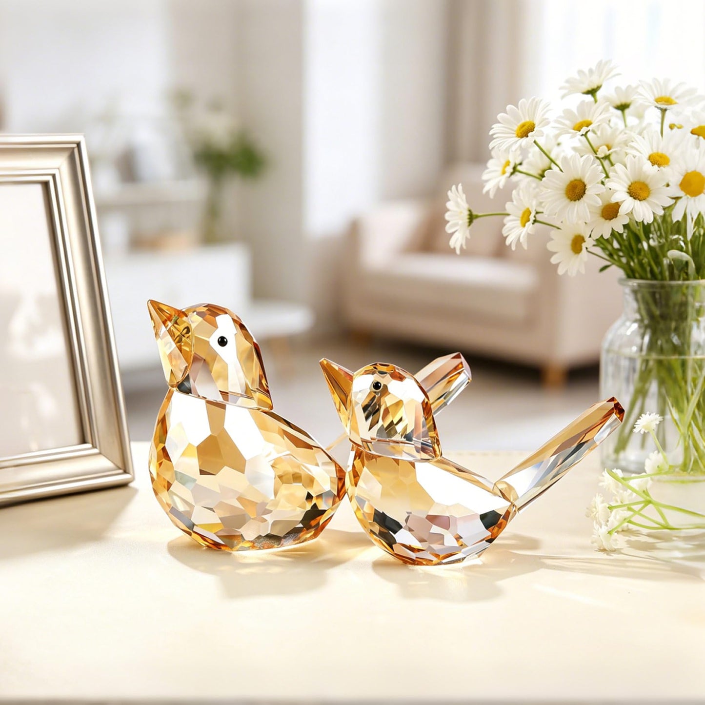 YWHL 2Pcs Champagne Crystal Bird Figurines, Handmade Glass Birds Gifts for Women Men, Art Animals Decorative Ornament Collectible Figurine (Champagne)