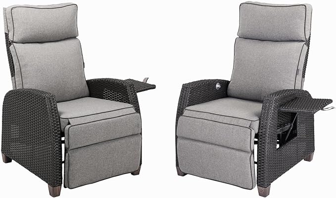 Grand patio Outdoor Reclining Chairs with Extended Footrest 2-Piece Adjustable WickerPatio Lounge Recliner up to 15 with Flip Side Table, Cool Grey