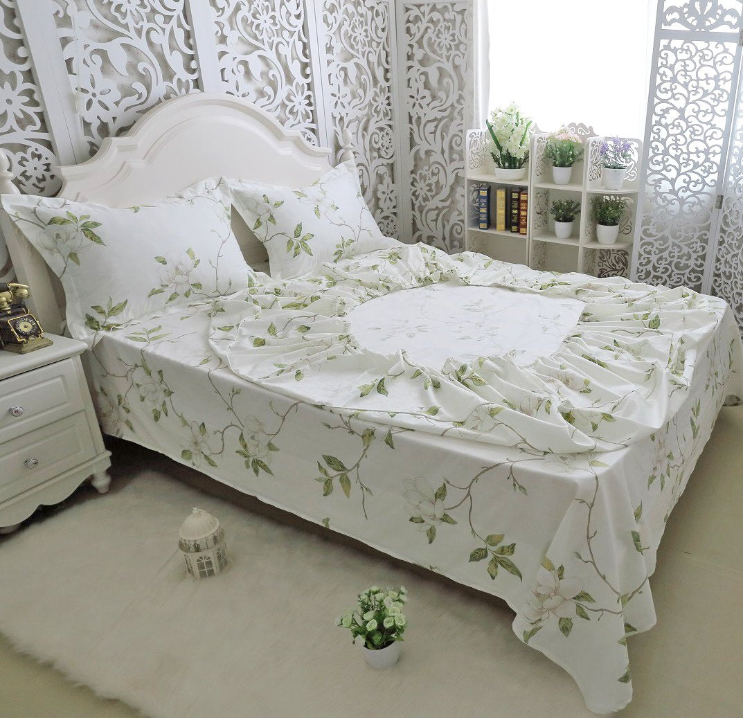 FADFAY Floral 4 Piece Bed Sheet Set 100% Cotton Deep Pocket (Queen, Rainkissed Leaves)