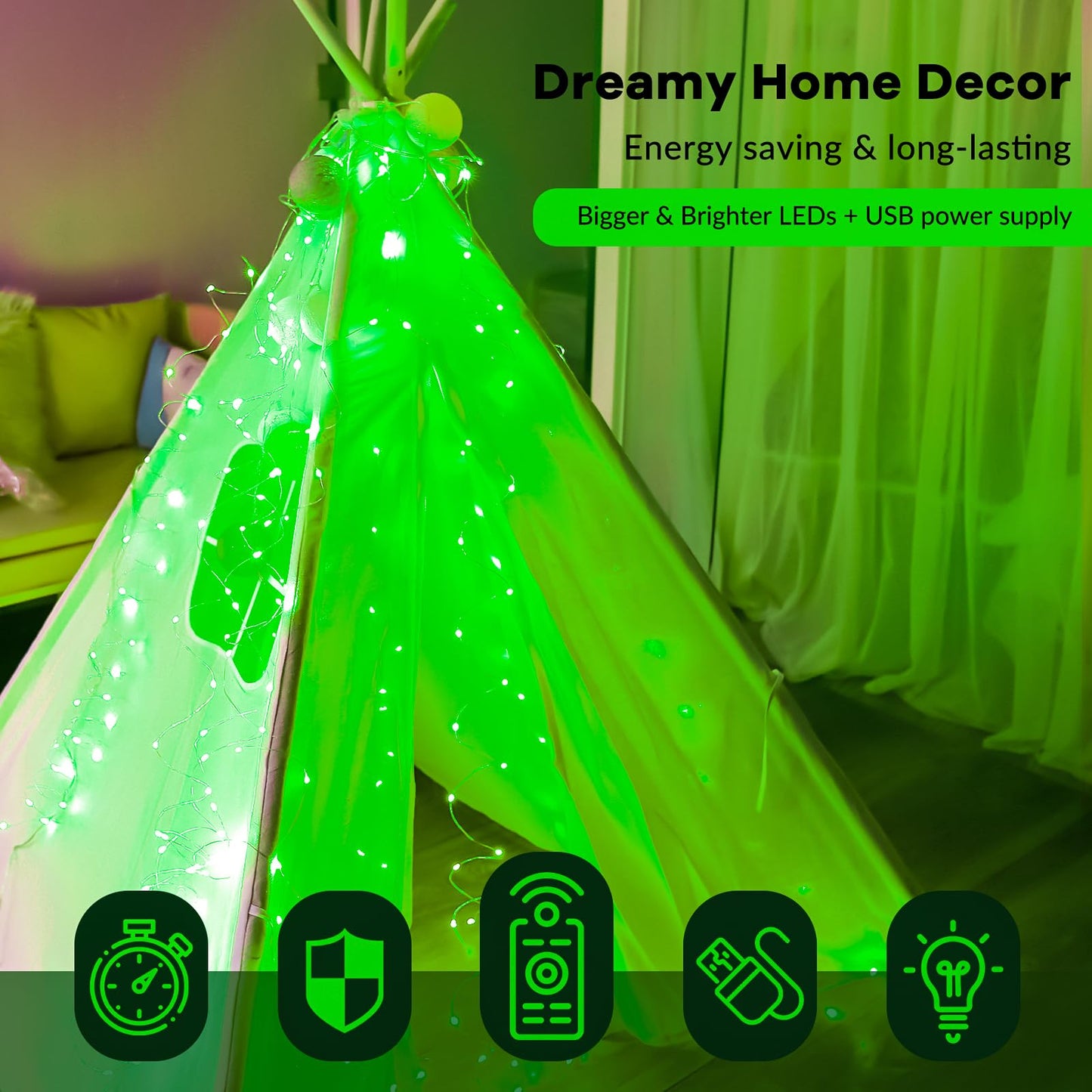 HXWEIYE 300LED Fairy Curtain Lights, 9.8x9.8Ft USB Plug-in 8 Modes Christmas String Hanging Lights with Remote for Bedroom Backdrop Wedding Indoor Wall Decor, Green, Standard – 1 Pack