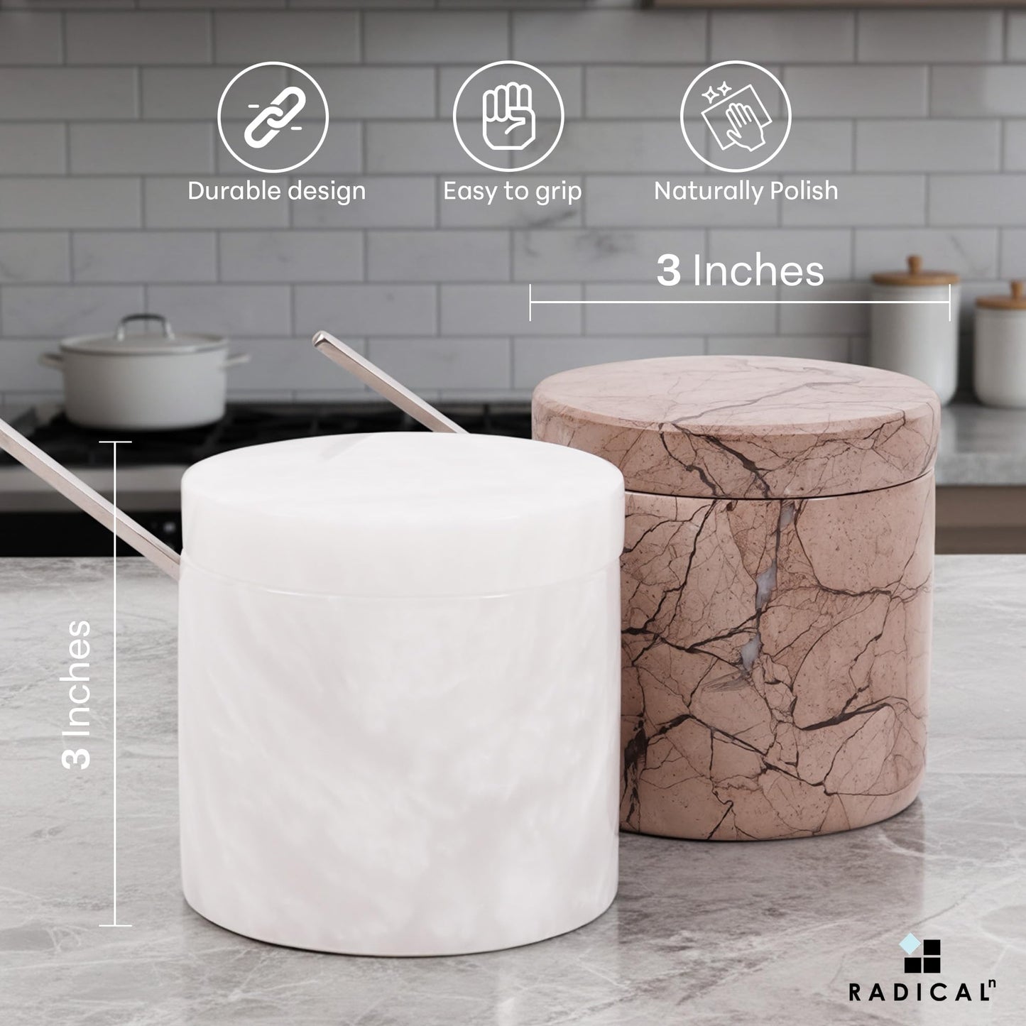 Radicaln Marble Salt Cellar with Lid and Tray 3" Inch White and Marinara Handmade Set of 2 Seasoning Jars For Kitchen Storage, Ideal Table Sugar Bowl & Salt Dish For Countertop