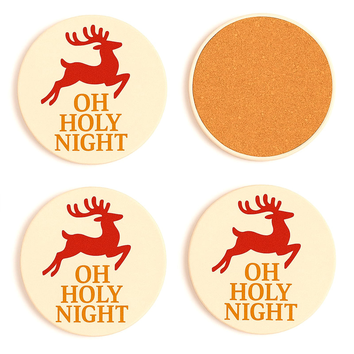Christmas Ceramic Coasters Set of 4,“Oh Holy Night” Reindeer Absorbent Stone Drink Coasters with Non-Slip Cork Backing for Coffee Table, Holiday Party, Winter Home & Kitchen Decor